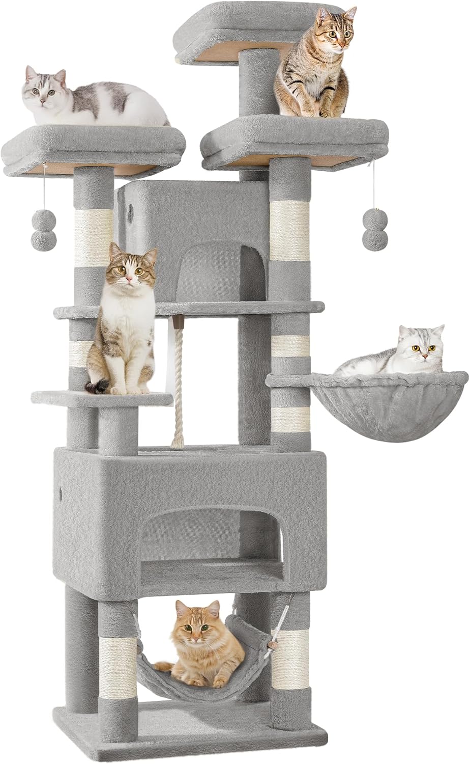 Hzuaneri Kratzbaum, 176Cm Katzenbaum, XL, 3 Plattformen, 2 Höhlen, 7 Kratzsäulen, Hängematte, Plüschbälle, Katzenkratzbaum Für Mehrkatzenhaushalte, Beige MS17618YL