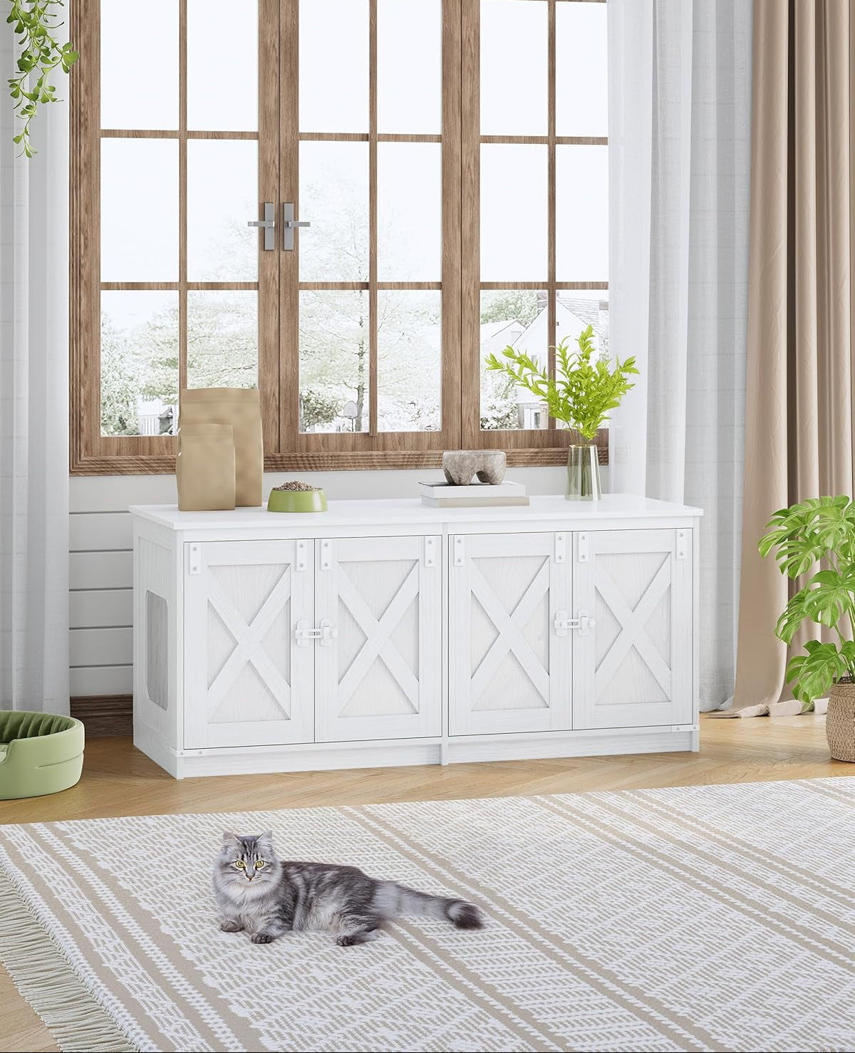 Hzuaneri Katzenschrank, Katzenklo Schrank Für 2 Katzen, Versteckter Katzentoilettenschrank, Katzenhaus Für Den Innenbereich, Bauernhausstil, 119 X 48 X 53,5 Cm, Weiß CB85313W