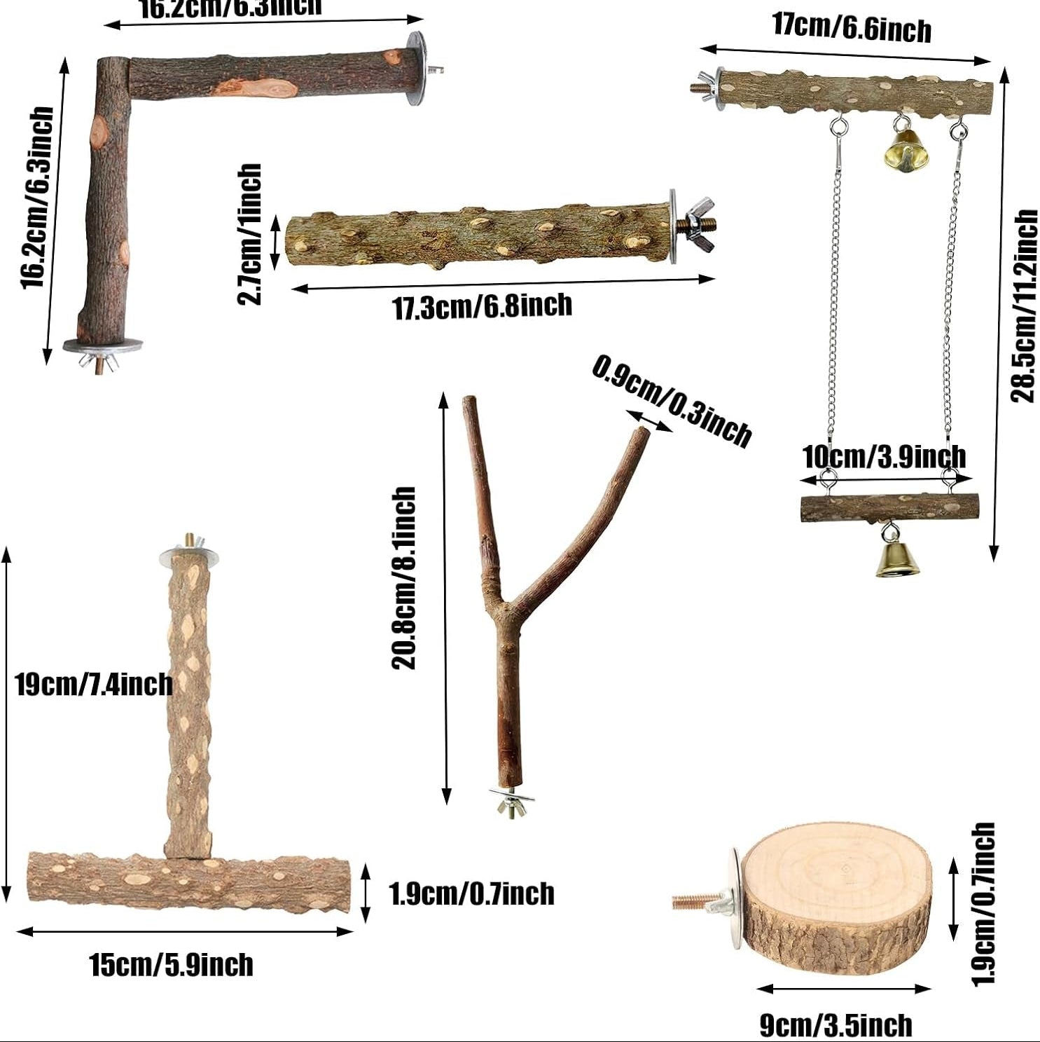Allazone Natur Sitzstangen Vögel, 7 Stück Natürlicher Sitzstangen Für Vögel Holz, Sitzstangen Vögel, Vögel Spielzeug Vogel Papagei Schaukel Spielzeug