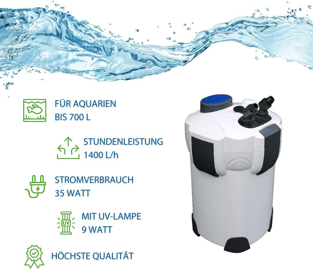 Aquaone Aquarium Außenfilter HW-303B 1400 L/H I Hochwertiger Filter Inkl. 9 Watt UVC Lampe Für Aquarien Bis 700 Liter I Pumpe Mit Filtermedien Für Süßwasser Und Meerwasser Becken