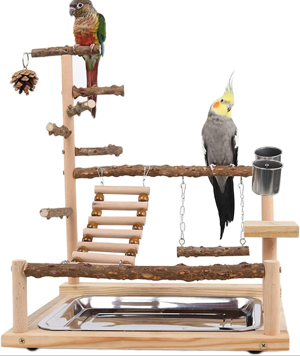 Wellensittich Spielplatz Vogel-Spielplatz Mit Feeder-Cup Spielzeug Leiter Erklimmen Schaukel Und Tablett Für Nymphensittich Papageien Wellensittiche, Holz, Größe 45X37X26 Cm #A