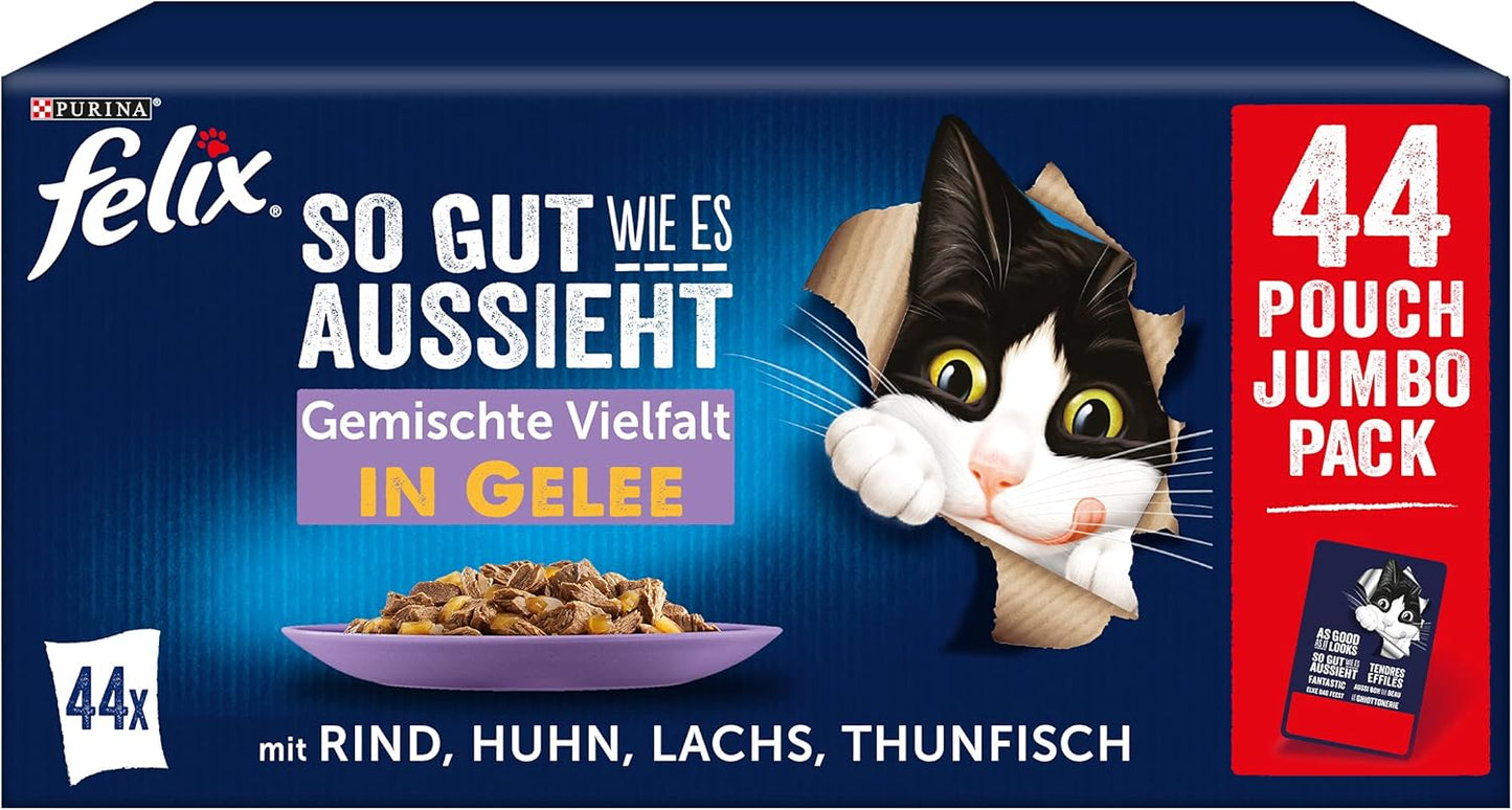 FELIX so Gut Wie Es Aussieht Gemischte Vielfalt in Gelee Katzennassfutter 44X85G Portionsbeutel
