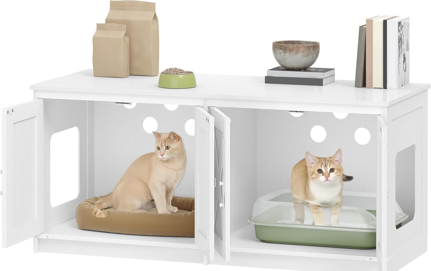 Hzuaneri Katzenschrank, Katzenklo Schrank Für 2 Katzen, Versteckter Katzentoilettenschrank, Katzenhaus Für Den Innenbereich, Bauernhausstil, 119 X 48 X 53,5 Cm, Weiß CB85313W