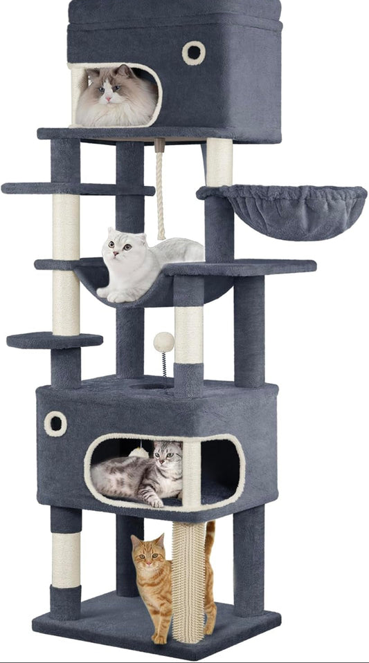Hzuaneri Kratzbaum, 178 Cm Katzenbaum Mit Großer Plattform, 2 Höhlen, 7 Kratzsäulen, Pompons, Liegemulden, Hängematte, Geeignet Für Alle Katzenrassen, Dunkelgrau MS17818SG
