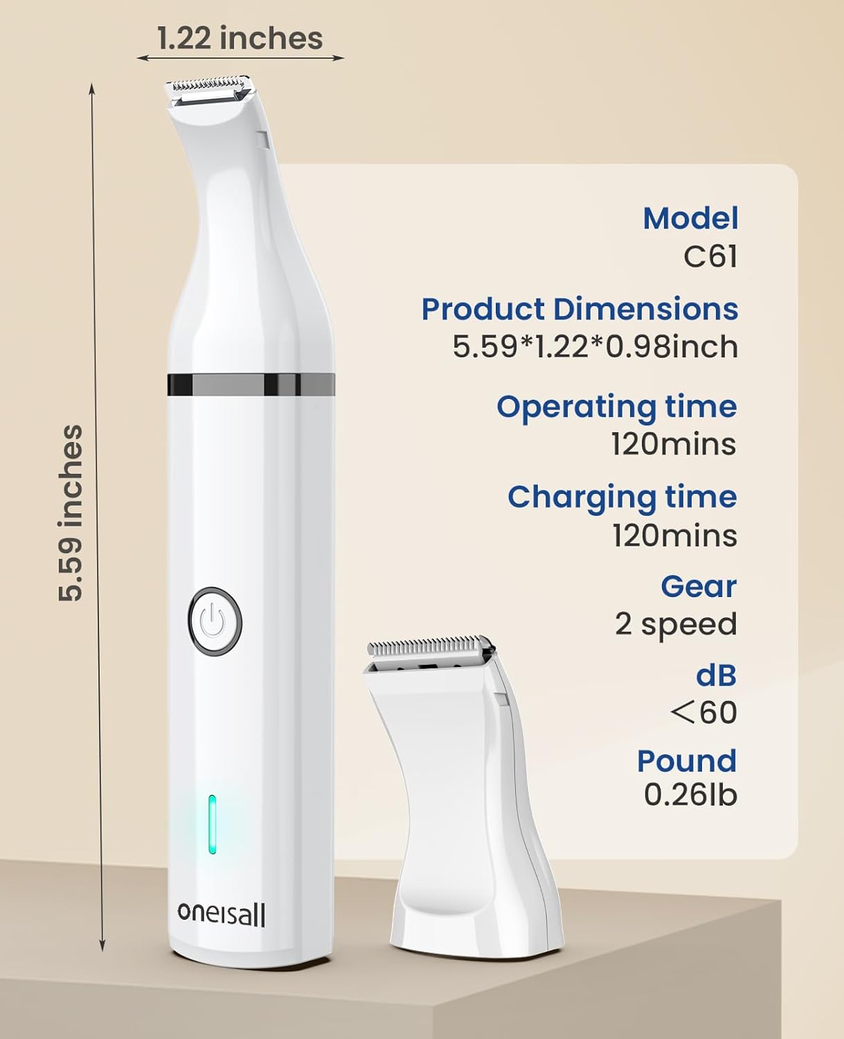 Oneisall Pfotentrimmer Für Hunde Mit Doppelklingen, 2-Gang Schermaschine Hund Pfoten Leise Hundeschermaschine Für Pfoten, Augen, Ohren, Gesicht, Körper (Weiß)