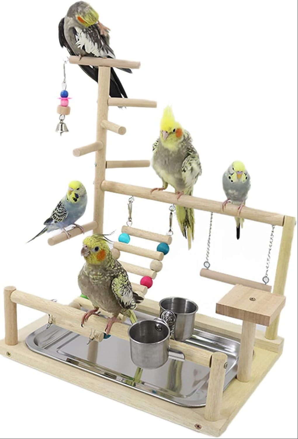 Wellensittich Spielplatz Vogel-Spielplatz Mit Feeder-Cup Spielzeug Leiter Erklimmen Schaukel Und Tablett Für Nymphensittich Papageien Wellensittiche, Holz, Größe 45X37X26 Cm #A