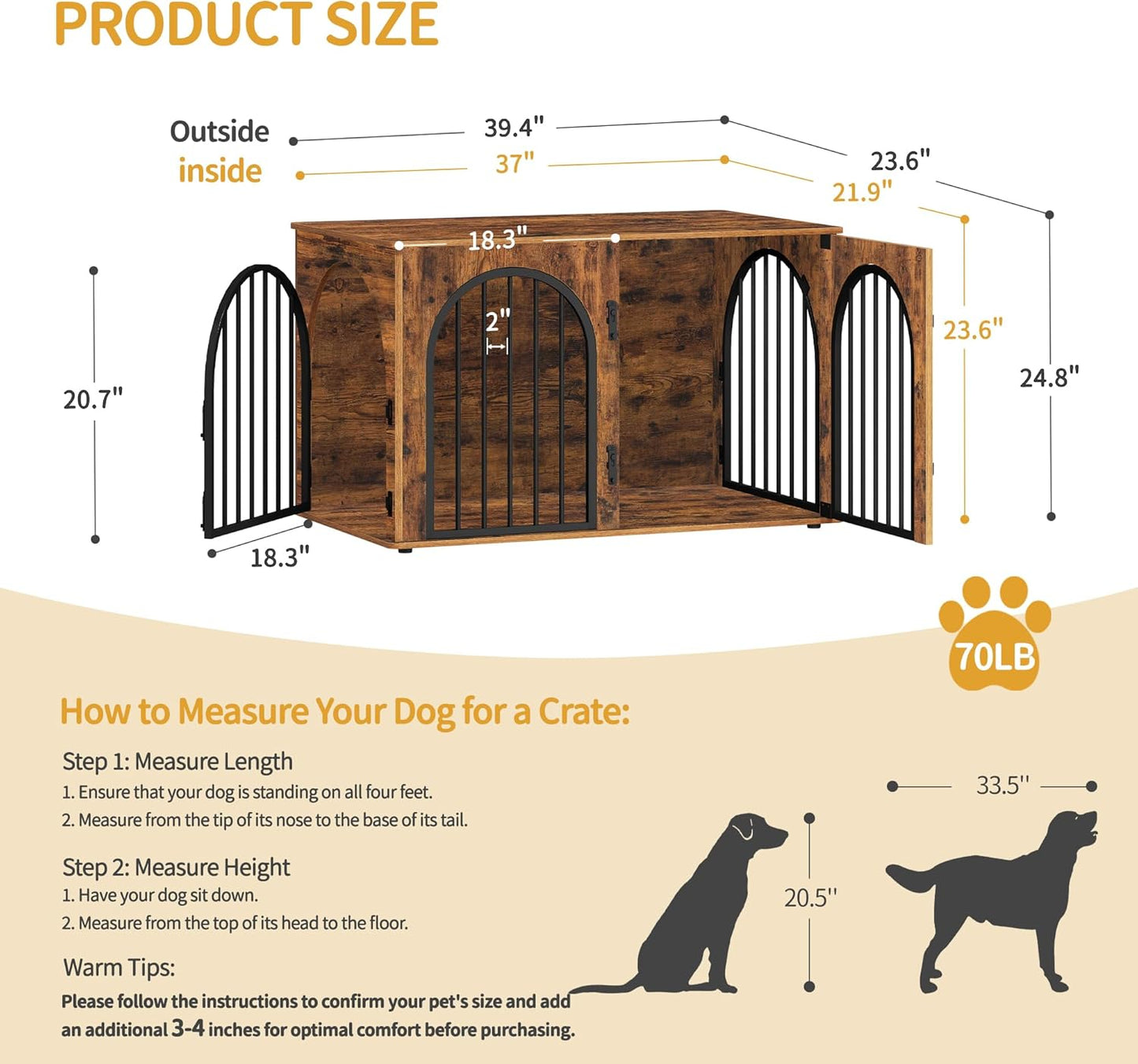 Hzuaneri Hundekäfig Möbel, 100Cm Hundebox Für Zuhause, 3 Türen, Bogentür, Moderne Hundebox Indoor Für Hunde, Beistelltisch, Hundekäfig Hochbelastbar, 100 X 60 X 63 Cm, Vintagebraun DFC84101B