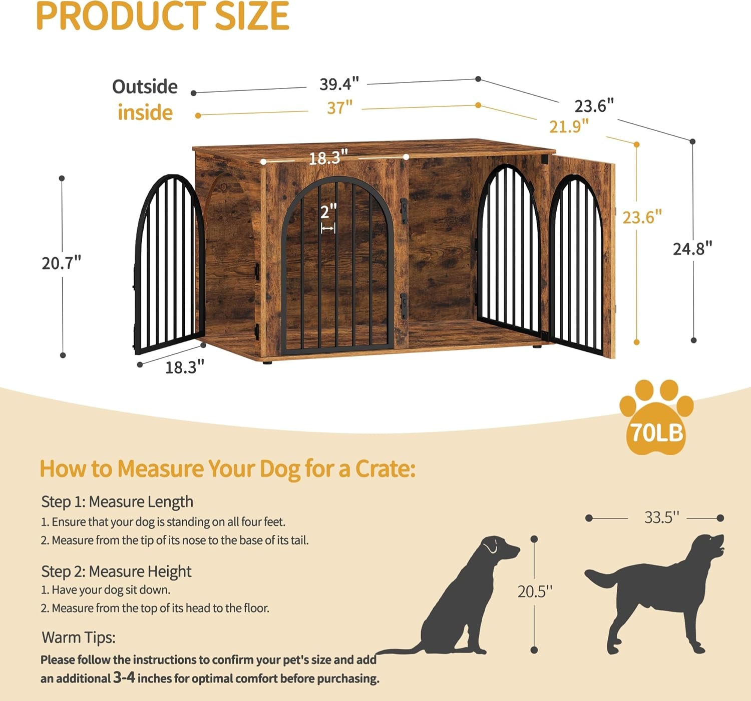 Hzuaneri Hundekäfig Möbel, 100Cm Hundebox Für Zuhause, 3 Türen, Bogentür, Moderne Hundebox Indoor Für Hunde, Beistelltisch, Hundekäfig Hochbelastbar, 100 X 60 X 63 Cm, Vintagebraun DFC84101B