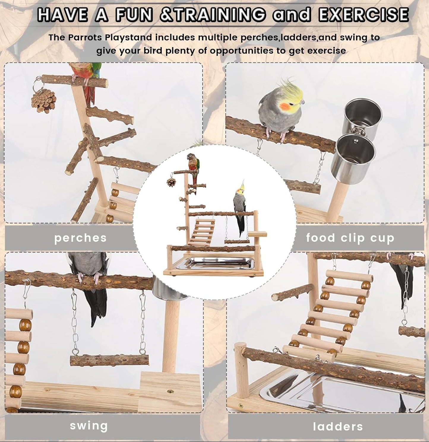 Wellensittich Spielplatz Vogel-Spielplatz Mit Feeder-Cup Spielzeug Leiter Erklimmen Schaukel Und Tablett Für Nymphensittich Papageien Wellensittiche, Holz, Größe 45X37X26 Cm #A