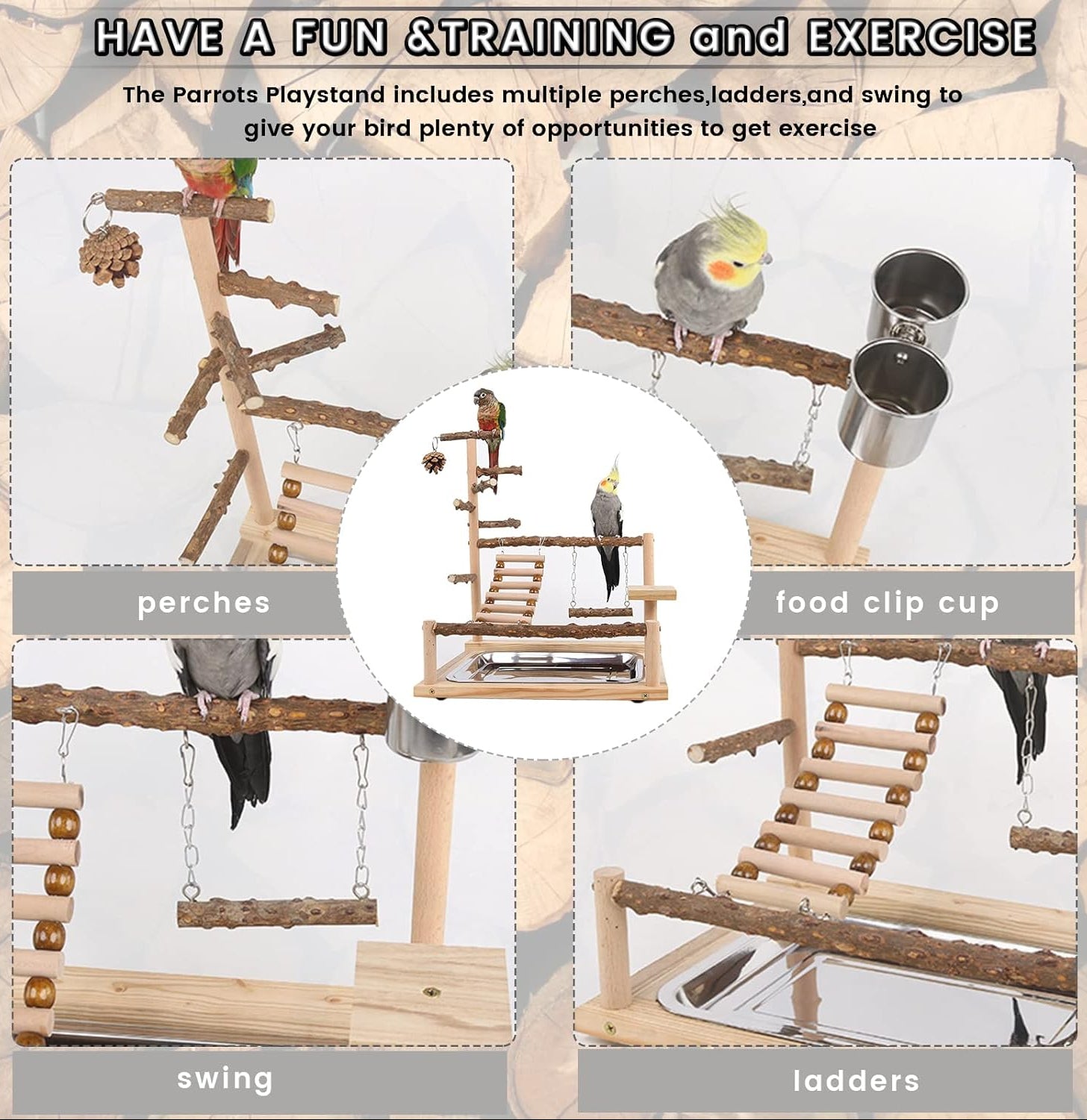 Wellensittich Spielplatz Vogel-Spielplatz Mit Feeder-Cup Spielzeug Leiter Erklimmen Schaukel Und Tablett Für Nymphensittich Papageien Wellensittiche, Holz, Größe 45X37X26 Cm #A