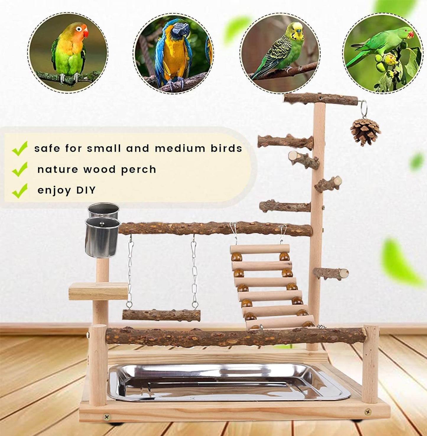 Wellensittich Spielplatz Vogel-Spielplatz Mit Feeder-Cup Spielzeug Leiter Erklimmen Schaukel Und Tablett Für Nymphensittich Papageien Wellensittiche, Holz, Größe 45X37X26 Cm #A