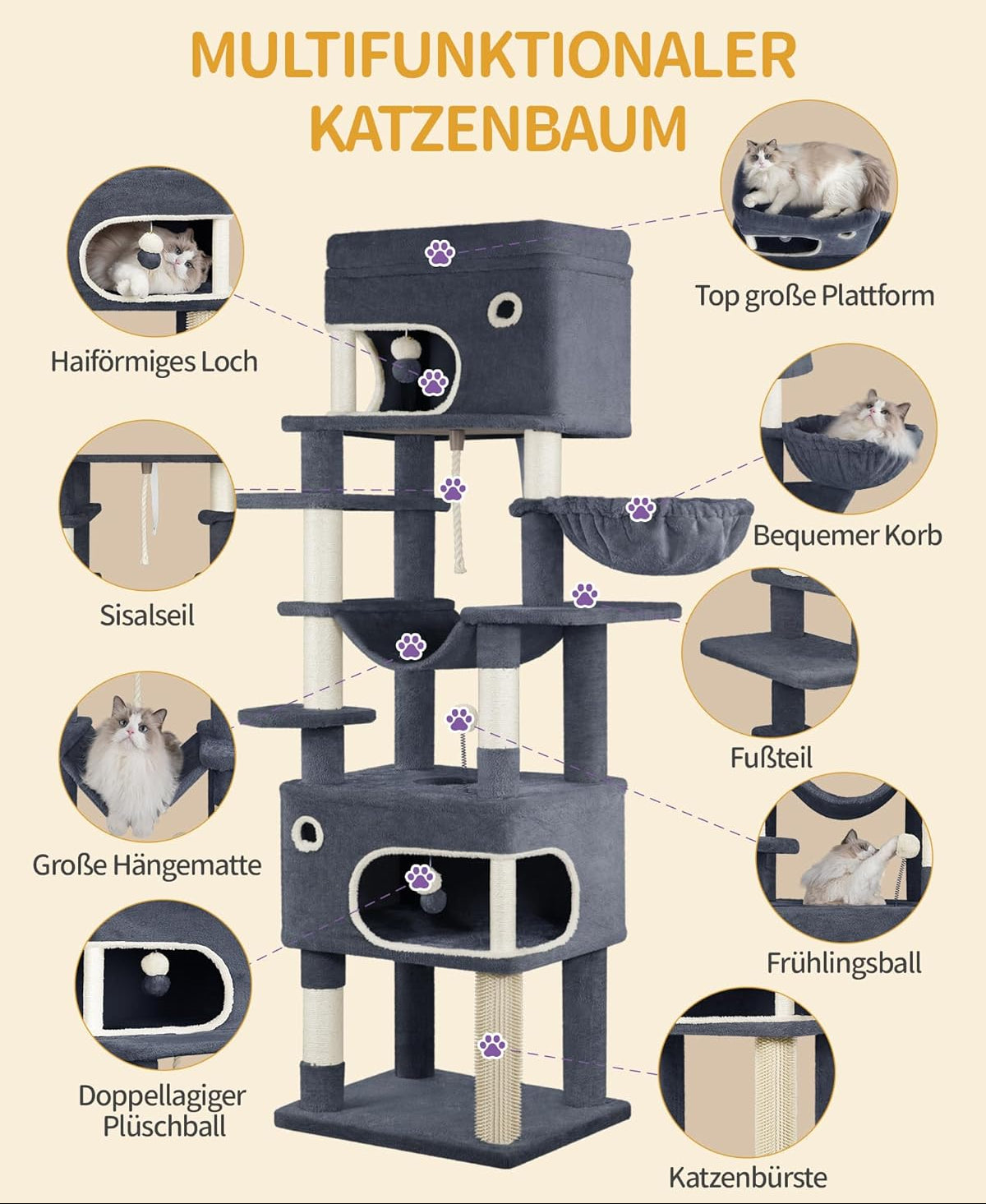 Hzuaneri Kratzbaum, 178 Cm Katzenbaum Mit Großer Plattform, 2 Höhlen, 7 Kratzsäulen, Pompons, Liegemulden, Hängematte, Geeignet Für Alle Katzenrassen, Dunkelgrau MS17818SG