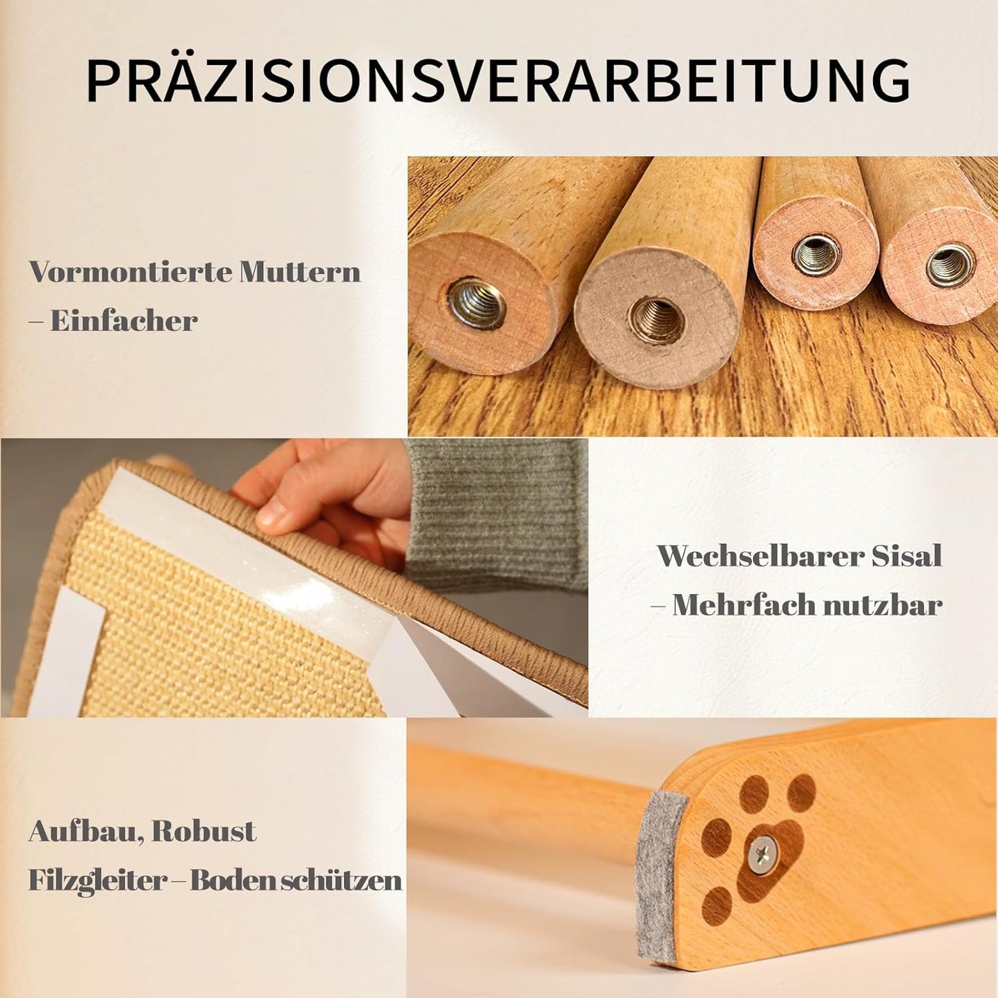 Dual-Use Sisal Kratzbrett Katzen- Large 63Cm H, Massivholz Buche & Natürliche Sisal Kratzsäule Katze, L-Förmige Kratzmöbel Für Alle Katzen Spielen, Entspannen