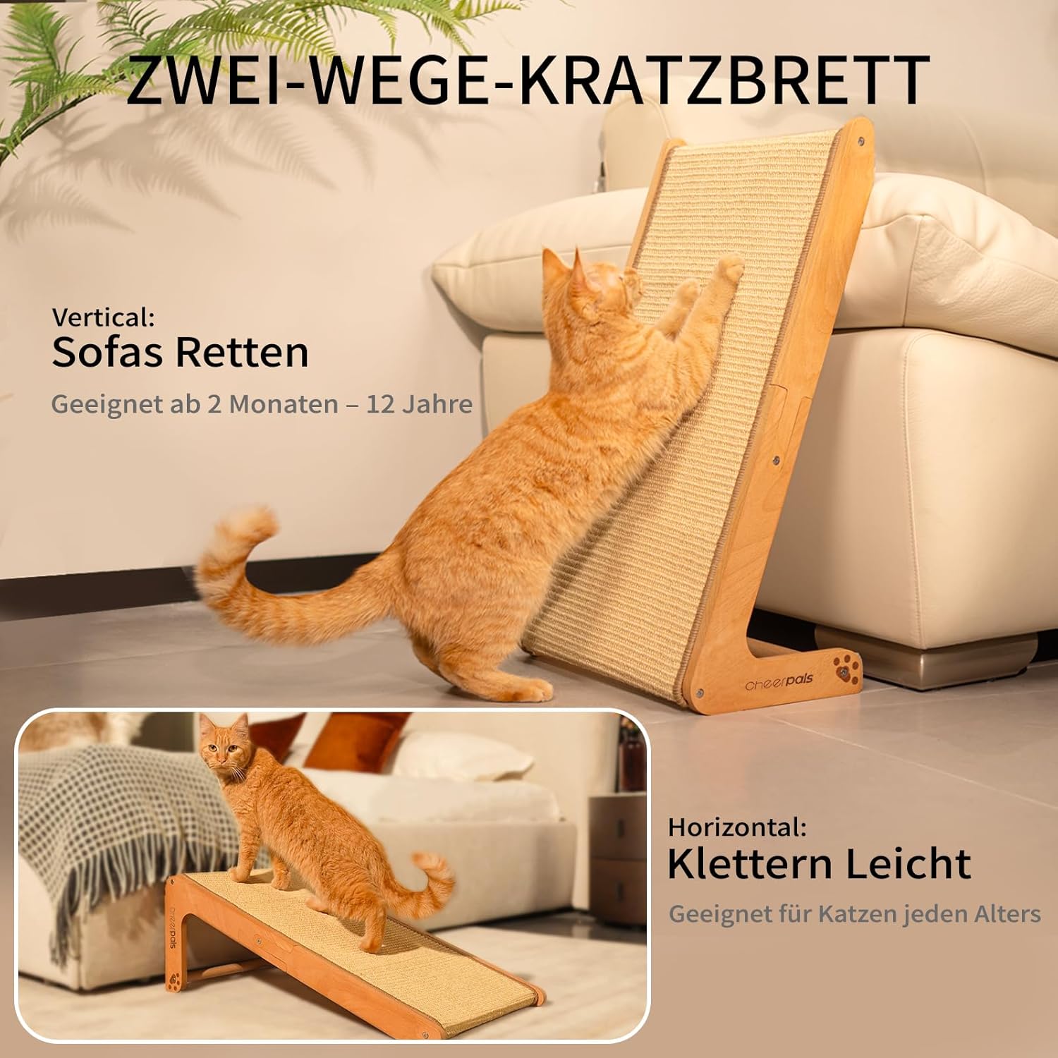 Dual-Use Sisal Kratzbrett Katzen- Large 63Cm H, Massivholz Buche & Natürliche Sisal Kratzsäule Katze, L-Förmige Kratzmöbel Für Alle Katzen Spielen, Entspannen