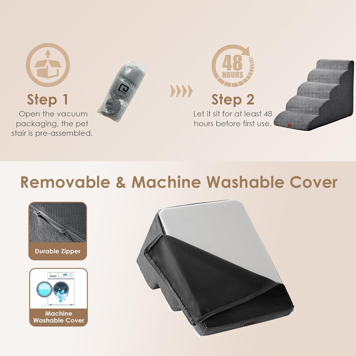 Hundetreppe Für Kleine Hunde 30 Cm Hoch, Haustiertreppe Für Sofa Bett, Treppe Für Hunde Aus Hochdichtem Schwamm, Hunderampe Mit Waschbarem Bezug Und Rutschfestem Boden, 2 Stufen, Grau