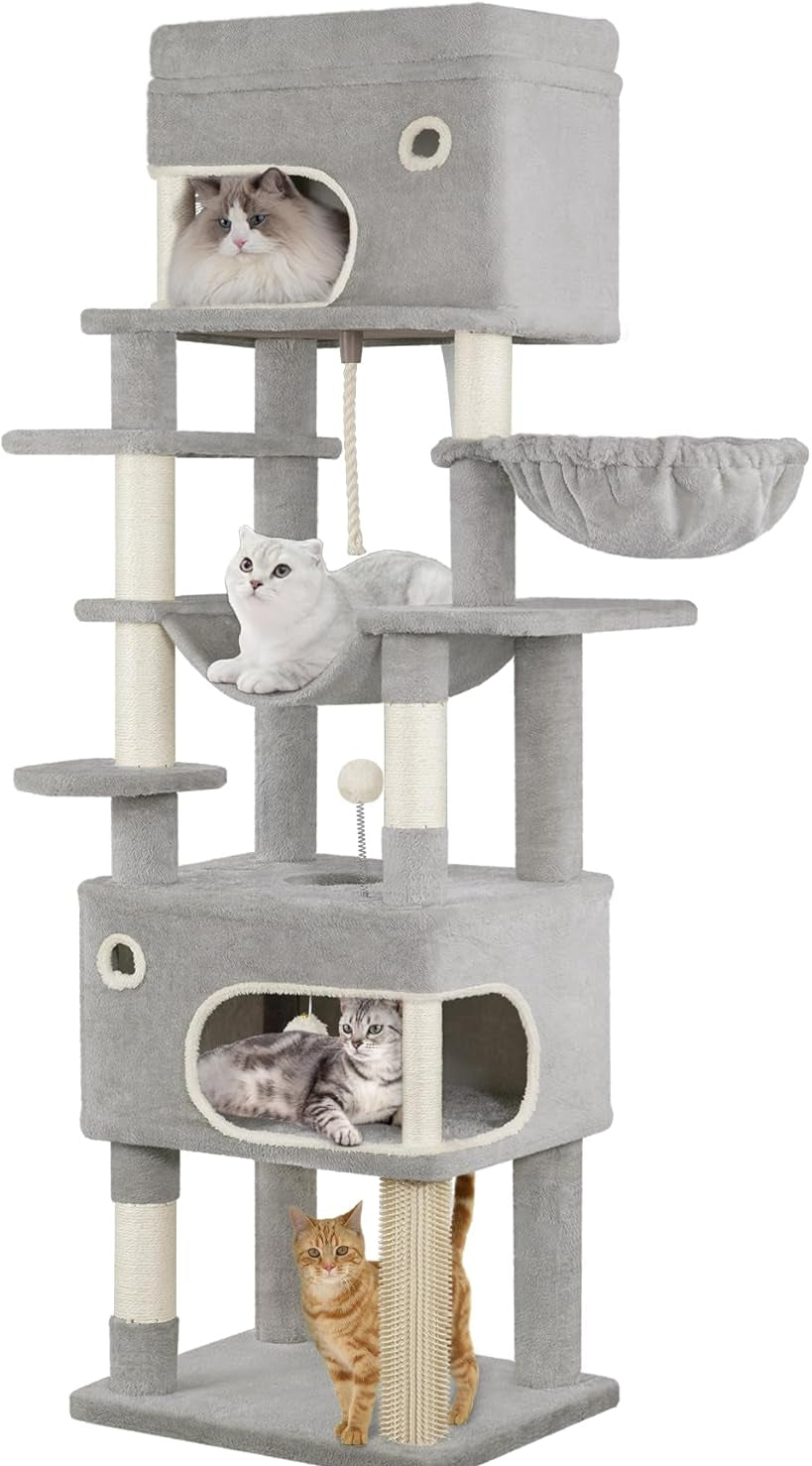 Hzuaneri Kratzbaum, 178 Cm Katzenbaum Mit Großer Plattform, 2 Höhlen, 7 Kratzsäulen, Pompons, Liegemulden, Hängematte, Geeignet Für Alle Katzenrassen, Dunkelgrau MS17818SG