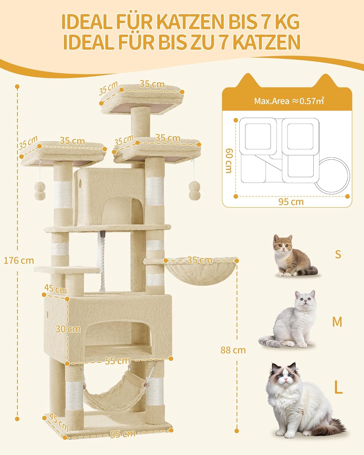 Hzuaneri Kratzbaum, 176Cm Katzenbaum, XL, 3 Plattformen, 2 Höhlen, 7 Kratzsäulen, Hängematte, Plüschbälle, Katzenkratzbaum Für Mehrkatzenhaushalte, Beige MS17618YL