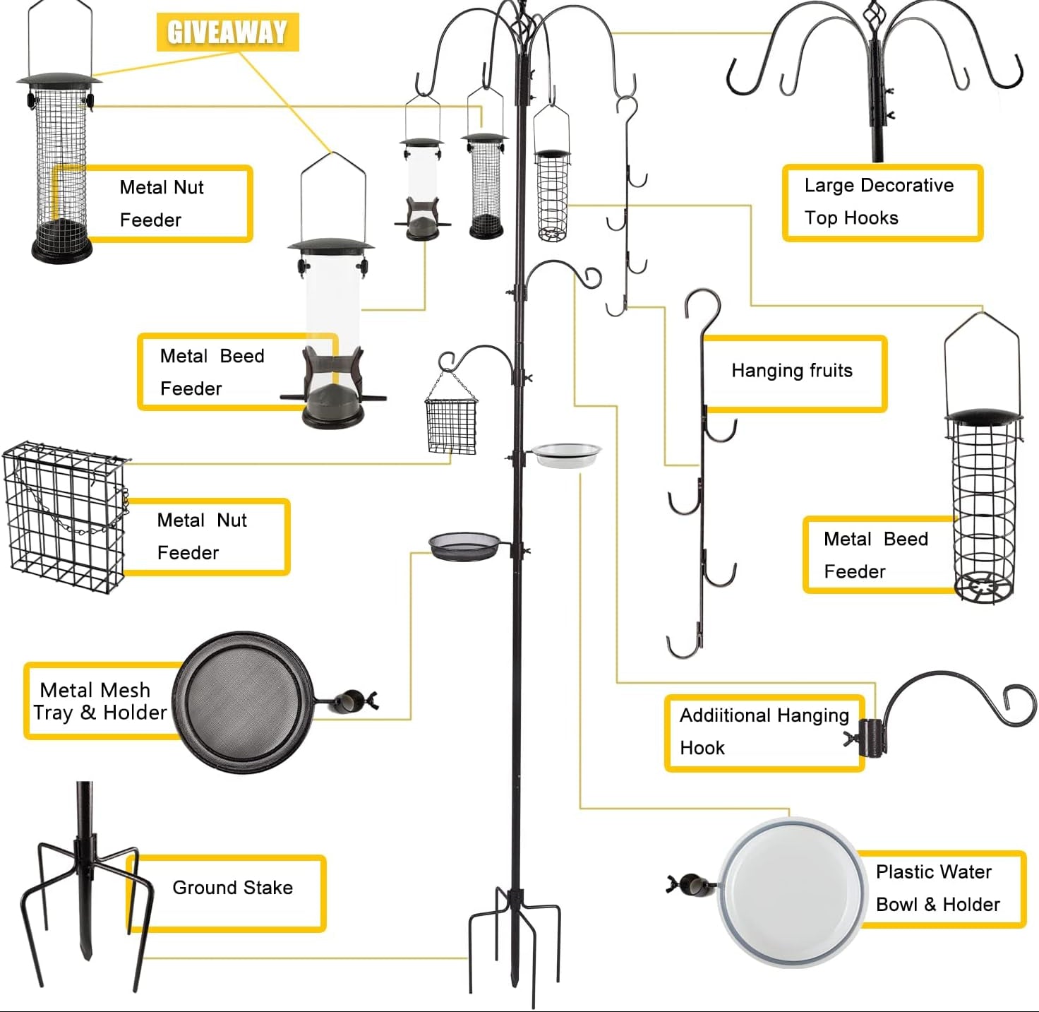 MIXXIDEA Deluxe Vogelfutterstation Kit Metall Vogelfutterstation Mit Ständer 238Cm Höhenverstellbar Futterstation Vögel Mit 3 Feedern, J-Haken-Kits Und 5 Prong Pole Stabilizer Für Körner Erdnüsse