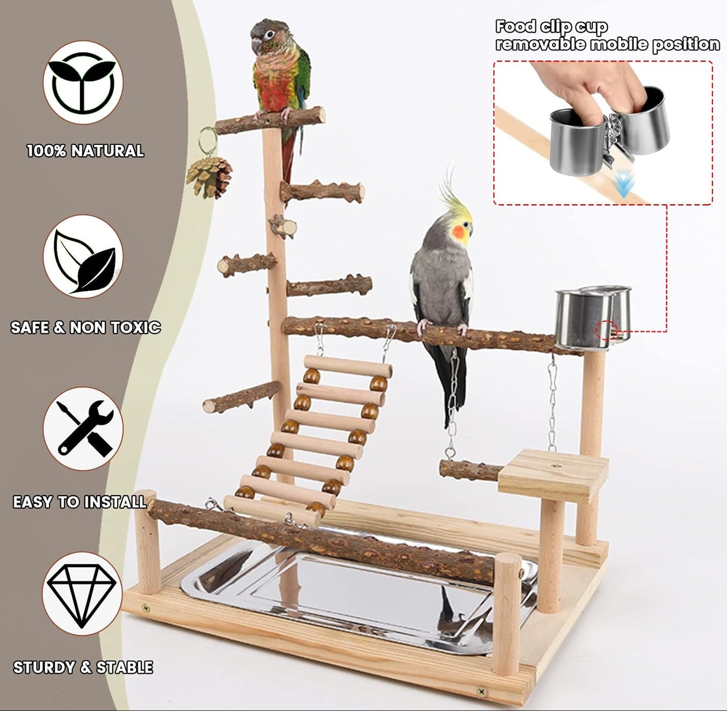 Wellensittich Spielplatz Vogel-Spielplatz Mit Feeder-Cup Spielzeug Leiter Erklimmen Schaukel Und Tablett Für Nymphensittich Papageien Wellensittiche, Holz, Größe 45X37X26 Cm #A