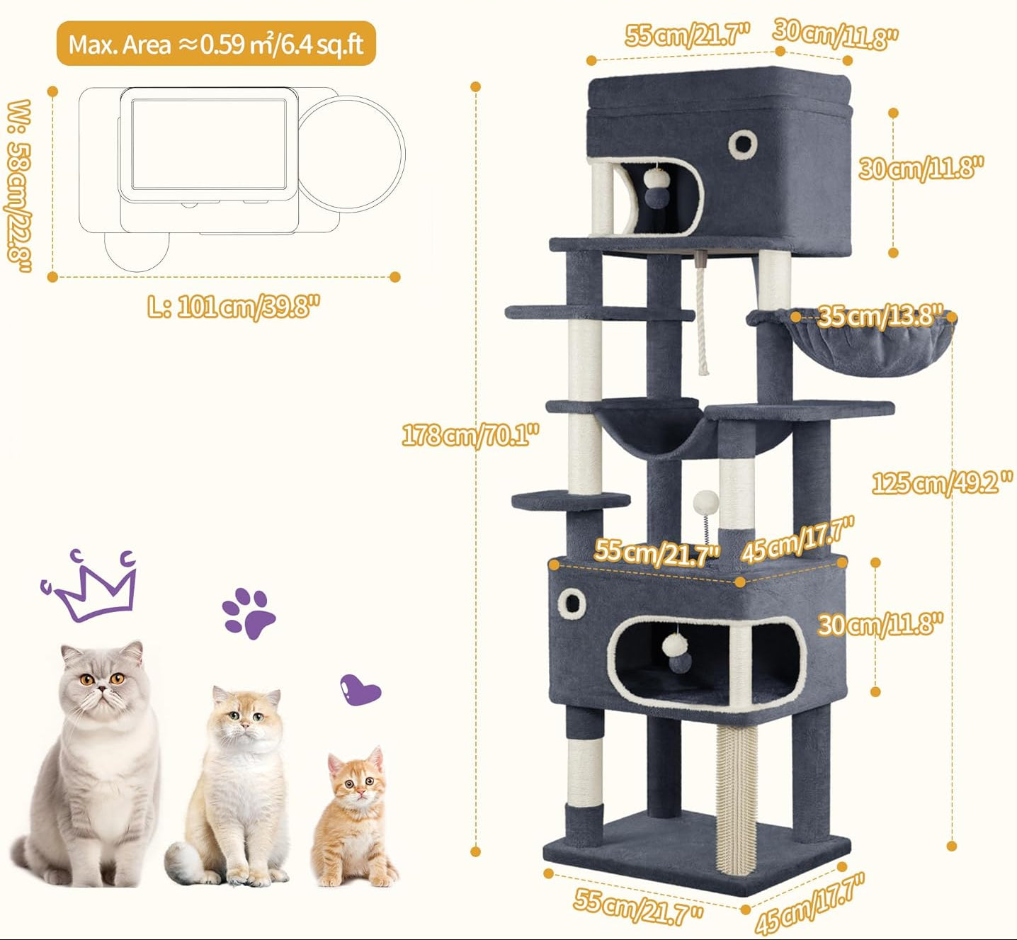 Hzuaneri Kratzbaum, 178 Cm Katzenbaum Mit Großer Plattform, 2 Höhlen, 7 Kratzsäulen, Pompons, Liegemulden, Hängematte, Geeignet Für Alle Katzenrassen, Dunkelgrau MS17818SG