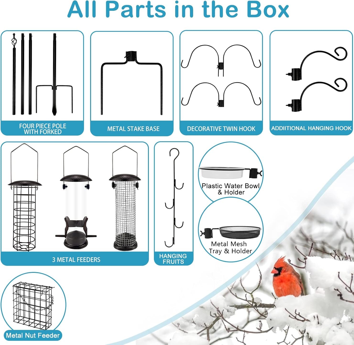 MIXXIDEA Deluxe Vogelfutterstation Kit Metall Vogelfutterstation Mit Ständer 238Cm Höhenverstellbar Futterstation Vögel Mit 3 Feedern, J-Haken-Kits Und 5 Prong Pole Stabilizer Für Körner Erdnüsse