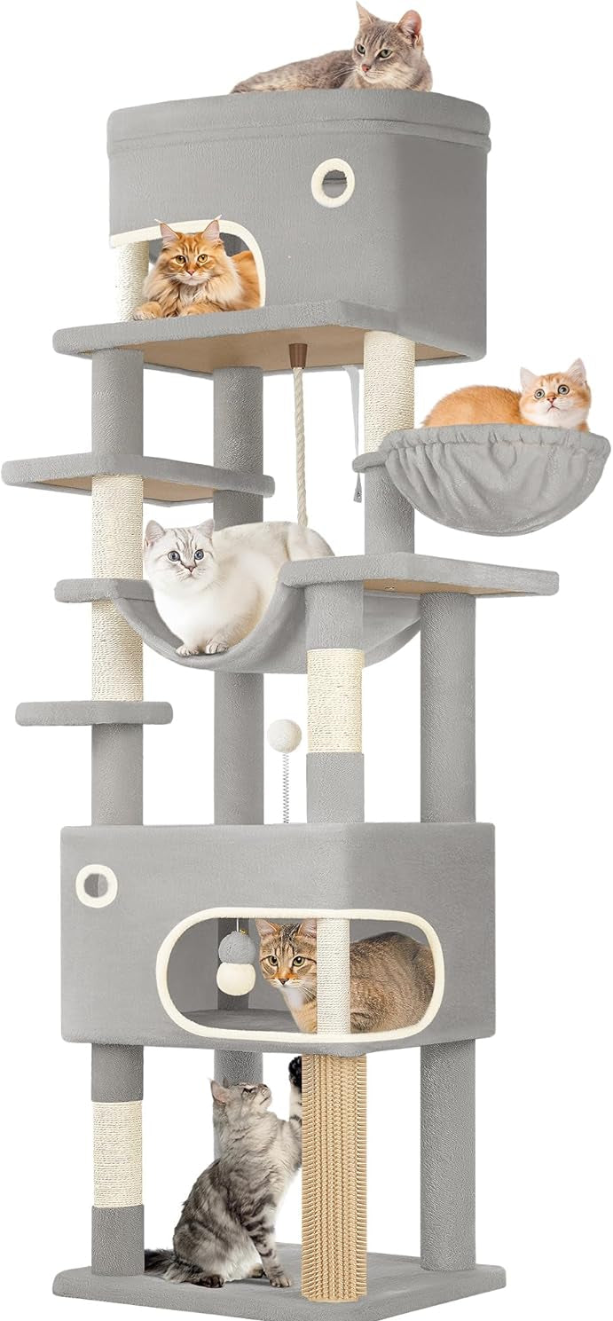 Hzuaneri Kratzbaum, 178 Cm Katzenbaum Mit Großer Plattform, 2 Höhlen, 7 Kratzsäulen, Pompons, Liegemulden, Hängematte, Geeignet Für Alle Katzenrassen, Dunkelgrau MS17818SG