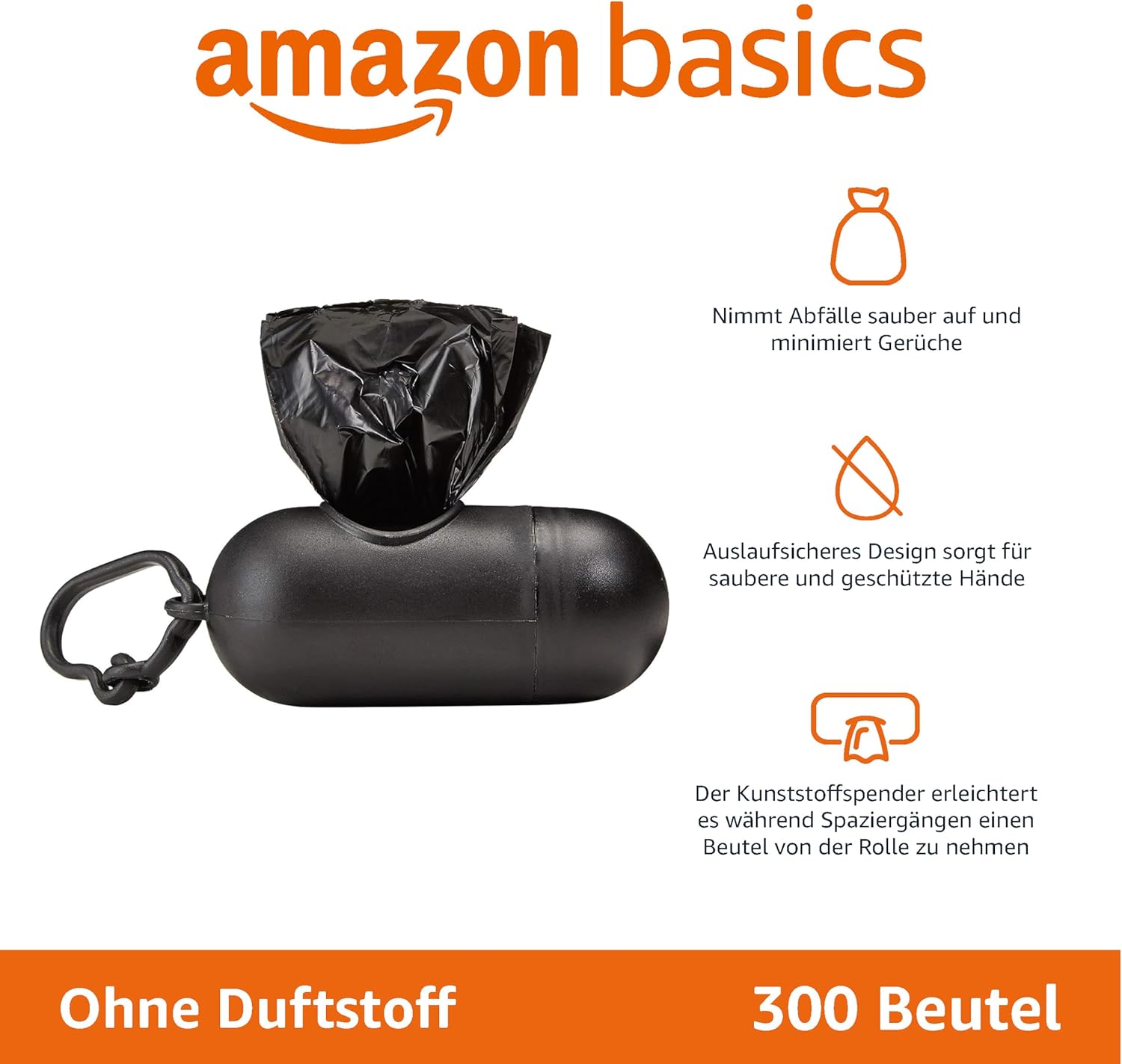 Amazon Basics Hundekotbeutel Mit Spender Und Leinenclip, Unparfümiert, 300 Beutel (20 Packungen Mit Je 15 Beuteln), Schwarz