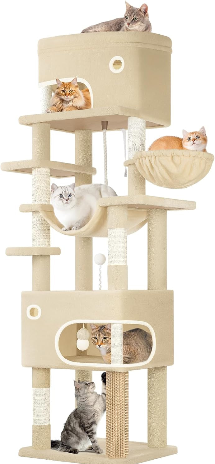 Hzuaneri Kratzbaum, 178 Cm Katzenbaum Mit Großer Plattform, 2 Höhlen, 7 Kratzsäulen, Pompons, Liegemulden, Hängematte, Geeignet Für Alle Katzenrassen, Dunkelgrau MS17818SG