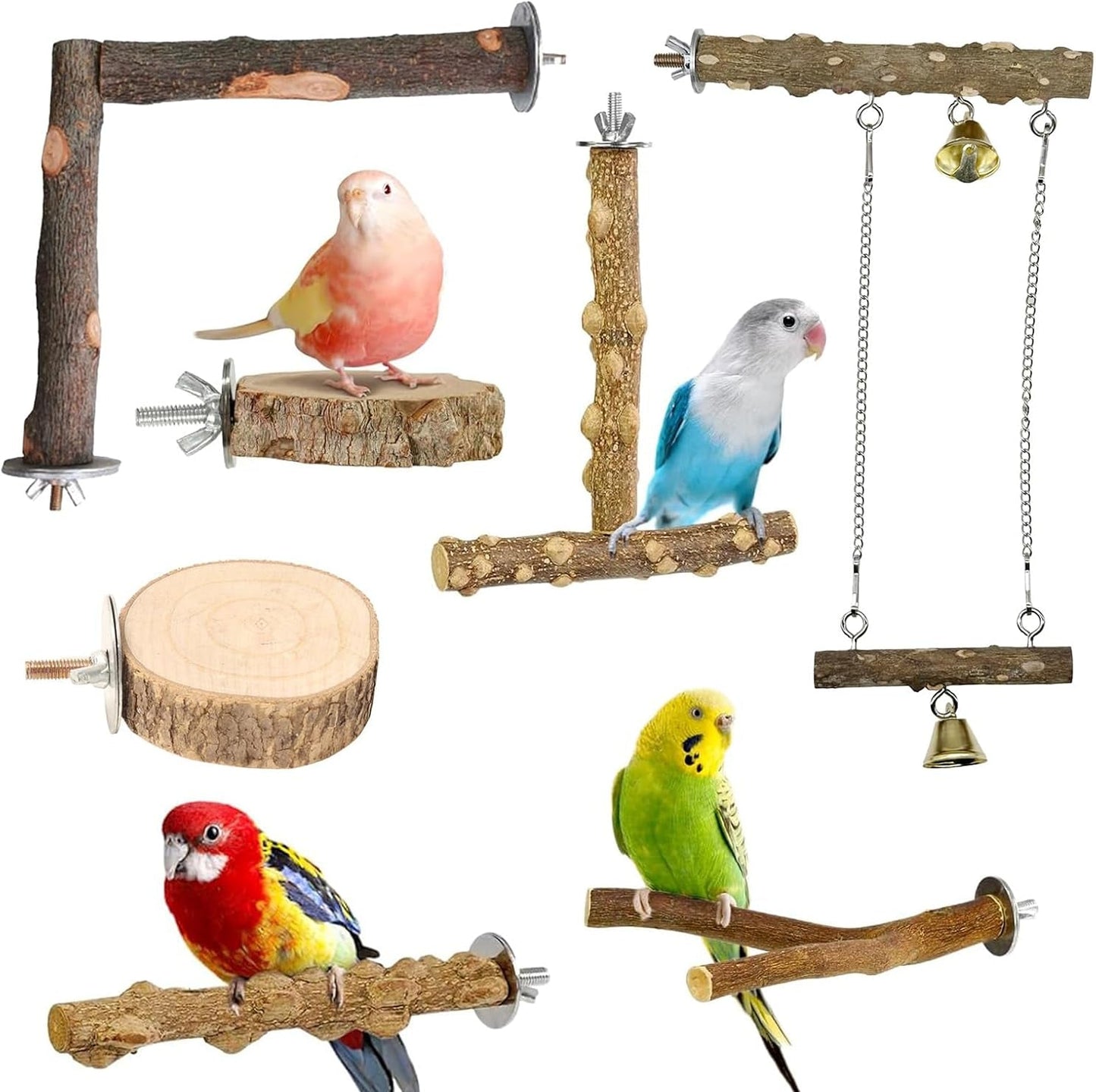 Allazone Natur Sitzstangen Vögel, 7 Stück Natürlicher Sitzstangen Für Vögel Holz, Sitzstangen Vögel, Vögel Spielzeug Vogel Papagei Schaukel Spielzeug