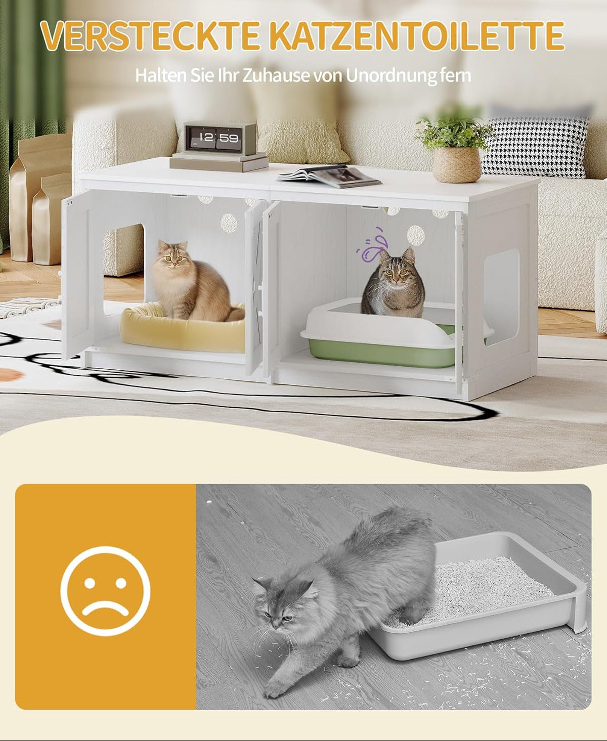 Hzuaneri Katzenschrank, Katzenklo Schrank Für 2 Katzen, Versteckter Katzentoilettenschrank, Katzenhaus Für Den Innenbereich, Bauernhausstil, 119 X 48 X 53,5 Cm, Weiß CB85313W