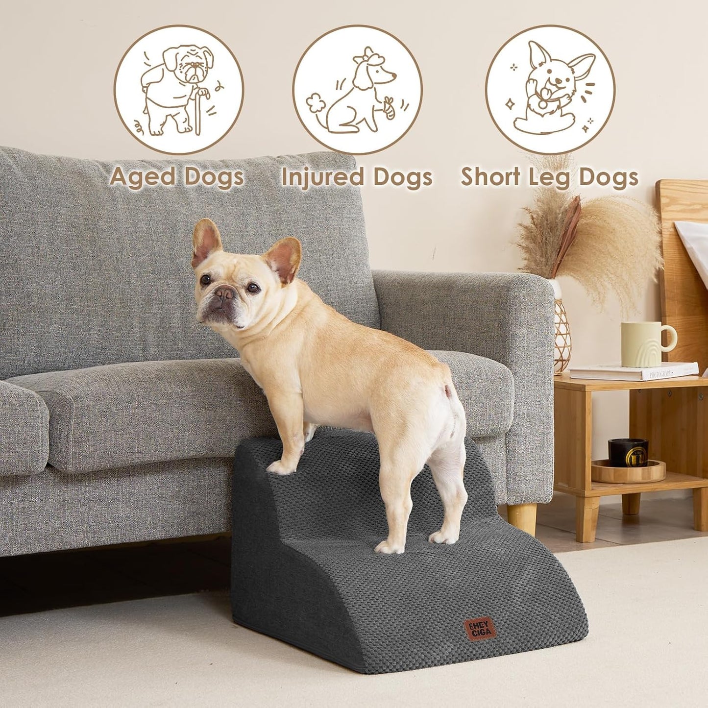 Hundetreppe Für Kleine Hunde 30 Cm Hoch, Haustiertreppe Für Sofa Bett, Treppe Für Hunde Aus Hochdichtem Schwamm, Hunderampe Mit Waschbarem Bezug Und Rutschfestem Boden, 2 Stufen, Grau