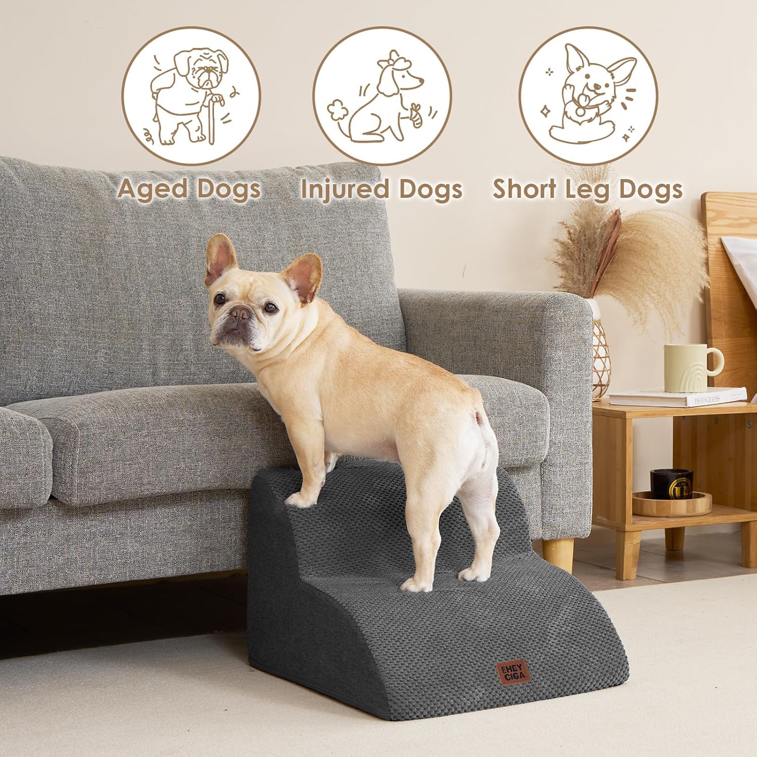 Hundetreppe Für Kleine Hunde 30 Cm Hoch, Haustiertreppe Für Sofa Bett, Treppe Für Hunde Aus Hochdichtem Schwamm, Hunderampe Mit Waschbarem Bezug Und Rutschfestem Boden, 2 Stufen, Grau