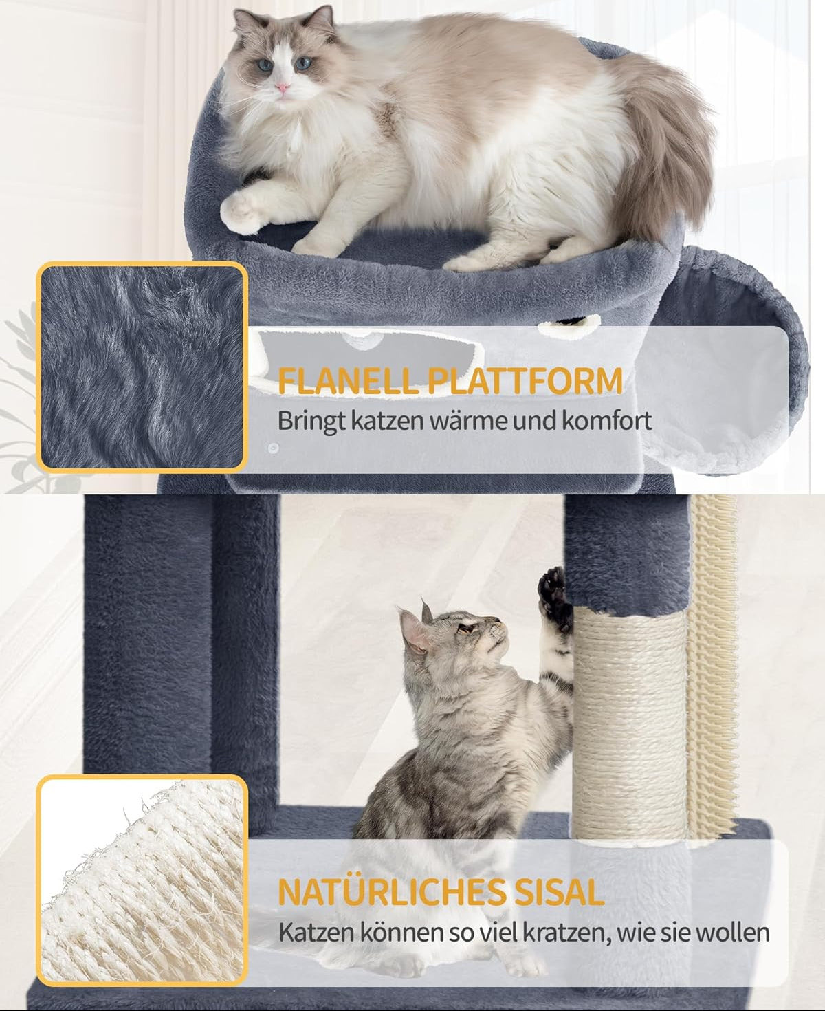 Hzuaneri Kratzbaum, 178 Cm Katzenbaum Mit Großer Plattform, 2 Höhlen, 7 Kratzsäulen, Pompons, Liegemulden, Hängematte, Geeignet Für Alle Katzenrassen, Dunkelgrau MS17818SG