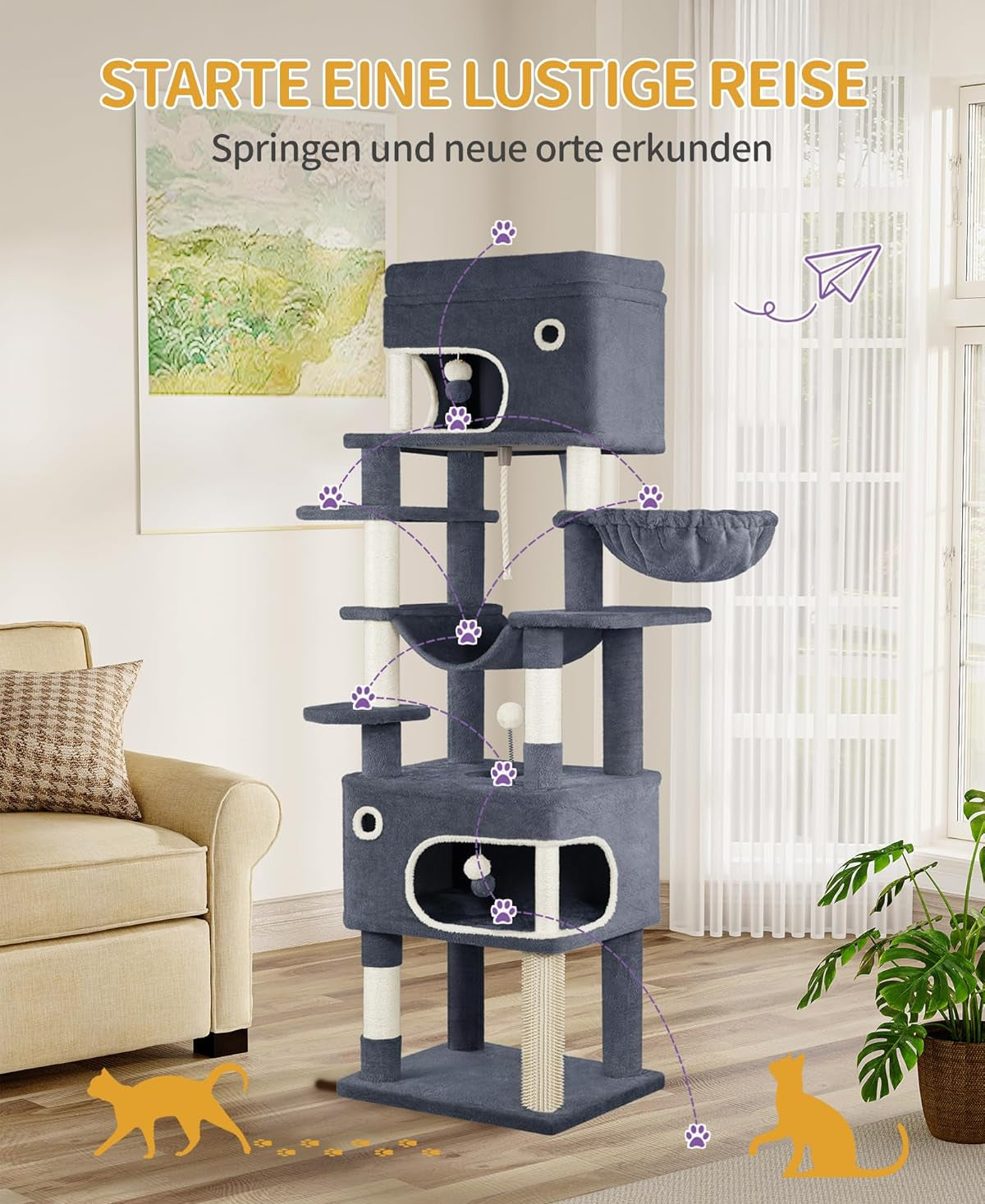 Hzuaneri Kratzbaum, 178 Cm Katzenbaum Mit Großer Plattform, 2 Höhlen, 7 Kratzsäulen, Pompons, Liegemulden, Hängematte, Geeignet Für Alle Katzenrassen, Dunkelgrau MS17818SG