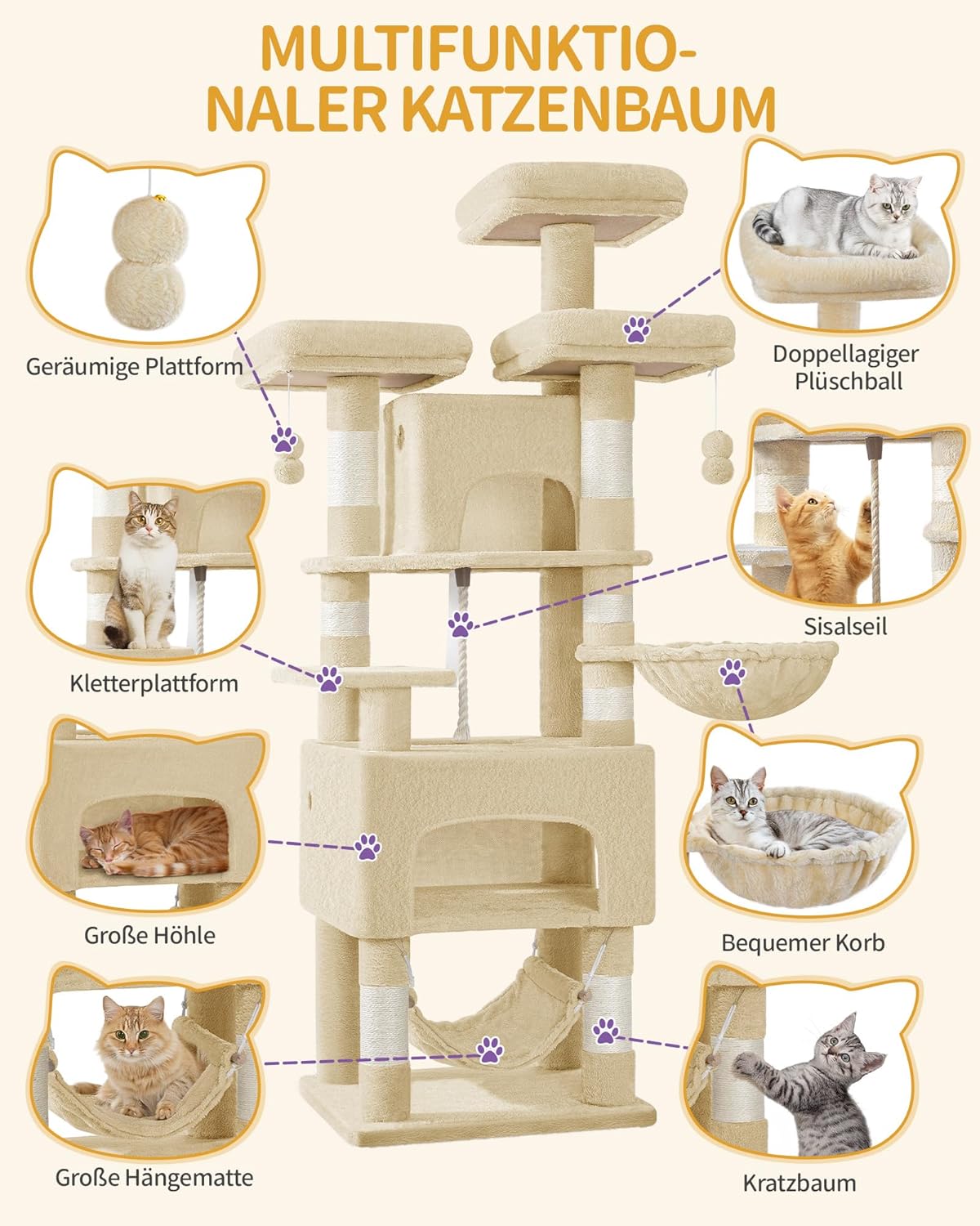 Hzuaneri Kratzbaum, 176Cm Katzenbaum, XL, 3 Plattformen, 2 Höhlen, 7 Kratzsäulen, Hängematte, Plüschbälle, Katzenkratzbaum Für Mehrkatzenhaushalte, Beige MS17618YL