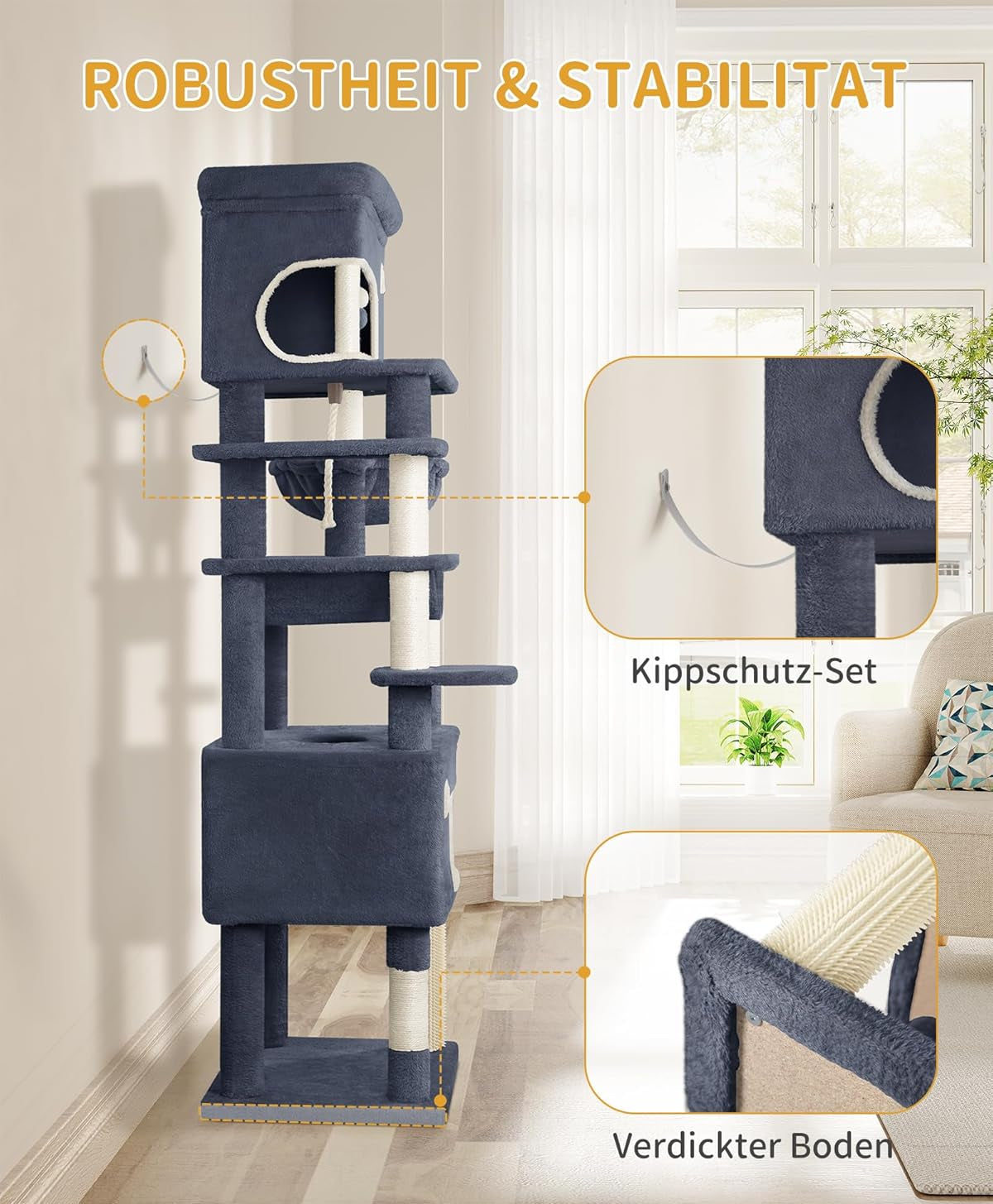 Hzuaneri Kratzbaum, 178 Cm Katzenbaum Mit Großer Plattform, 2 Höhlen, 7 Kratzsäulen, Pompons, Liegemulden, Hängematte, Geeignet Für Alle Katzenrassen, Dunkelgrau MS17818SG