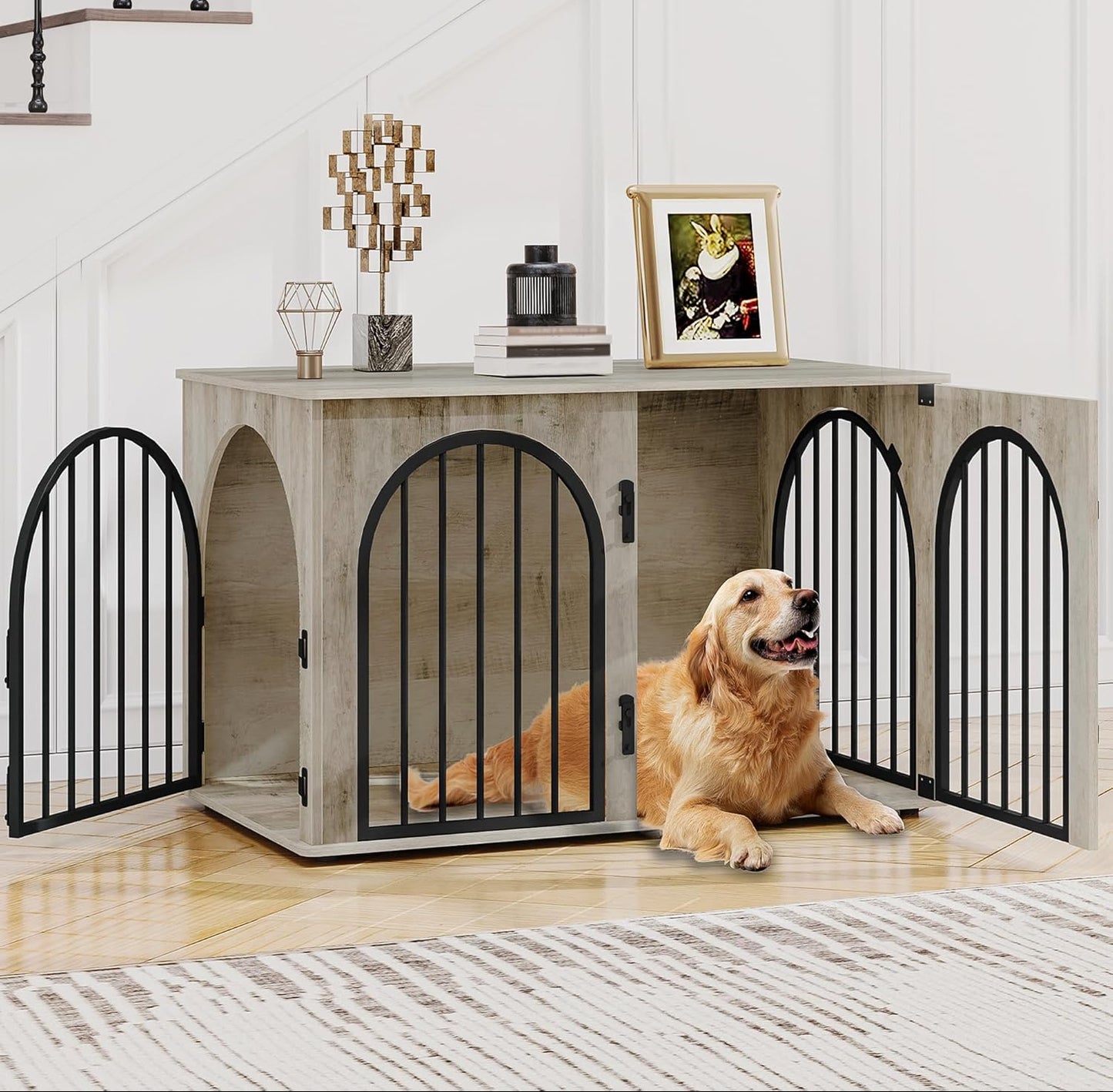 Hzuaneri Hundekäfig Möbel, 100Cm Hundebox Für Zuhause, 3 Türen, Bogentür, Moderne Hundebox Indoor Für Hunde, Beistelltisch, Hundekäfig Hochbelastbar, 100 X 60 X 63 Cm, Vintagebraun DFC84101B