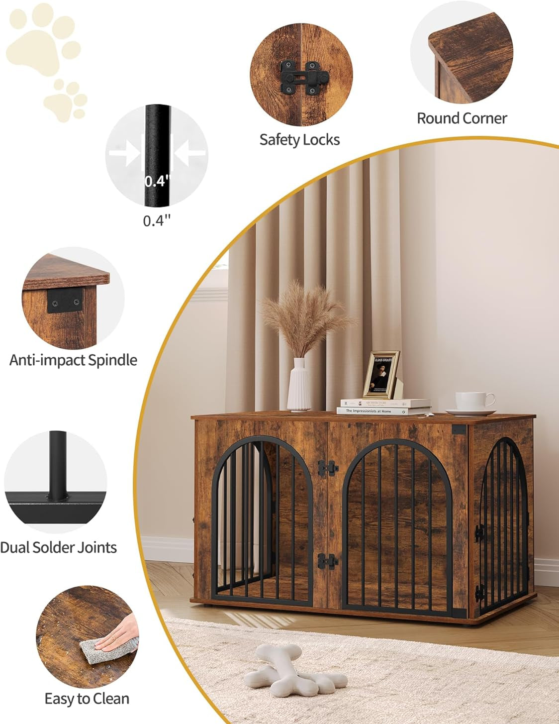 Hzuaneri Hundekäfig Möbel, 100Cm Hundebox Für Zuhause, 3 Türen, Bogentür, Moderne Hundebox Indoor Für Hunde, Beistelltisch, Hundekäfig Hochbelastbar, 100 X 60 X 63 Cm, Vintagebraun DFC84101B