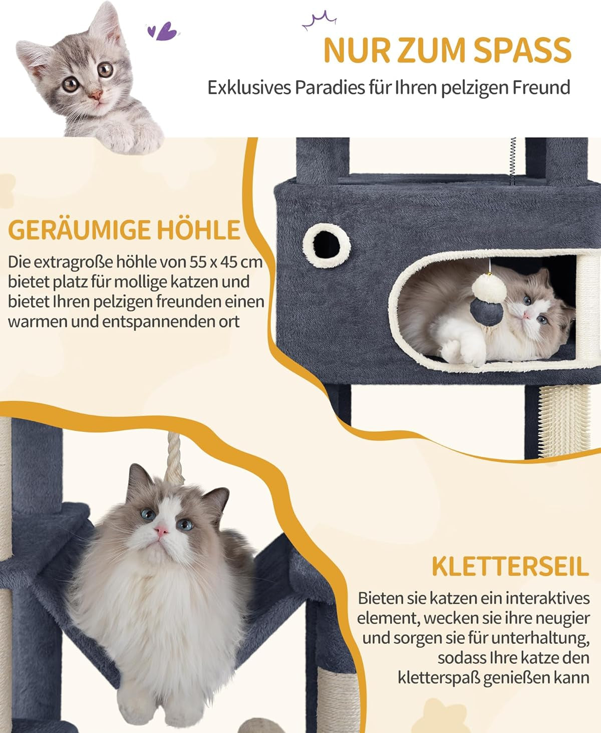 Hzuaneri Kratzbaum, 178 Cm Katzenbaum Mit Großer Plattform, 2 Höhlen, 7 Kratzsäulen, Pompons, Liegemulden, Hängematte, Geeignet Für Alle Katzenrassen, Dunkelgrau MS17818SG