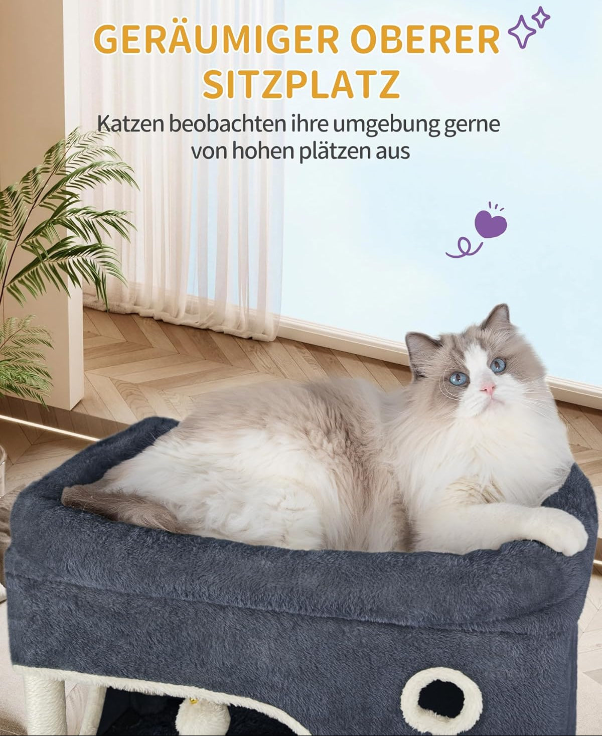 Hzuaneri Kratzbaum, 178 Cm Katzenbaum Mit Großer Plattform, 2 Höhlen, 7 Kratzsäulen, Pompons, Liegemulden, Hängematte, Geeignet Für Alle Katzenrassen, Dunkelgrau MS17818SG