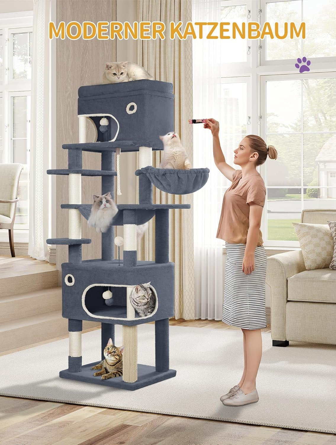 Hzuaneri Kratzbaum, 178 Cm Katzenbaum Mit Großer Plattform, 2 Höhlen, 7 Kratzsäulen, Pompons, Liegemulden, Hängematte, Geeignet Für Alle Katzenrassen, Dunkelgrau MS17818SG