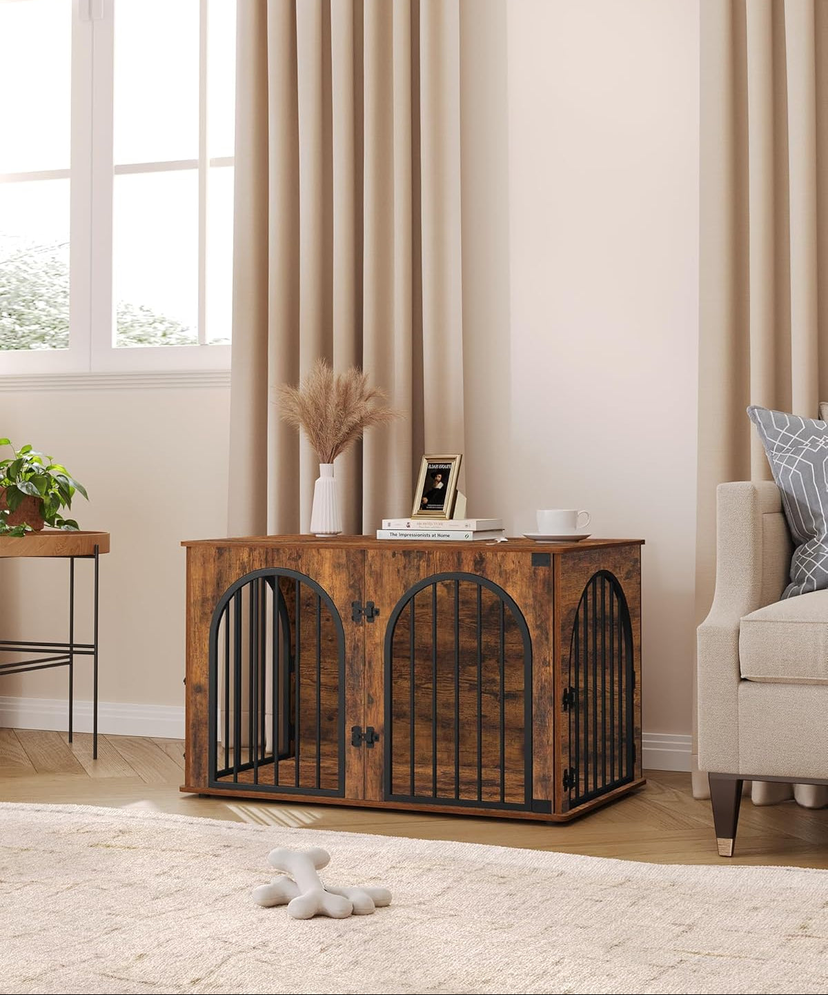 Hzuaneri Hundekäfig Möbel, 100Cm Hundebox Für Zuhause, 3 Türen, Bogentür, Moderne Hundebox Indoor Für Hunde, Beistelltisch, Hundekäfig Hochbelastbar, 100 X 60 X 63 Cm, Vintagebraun DFC84101B