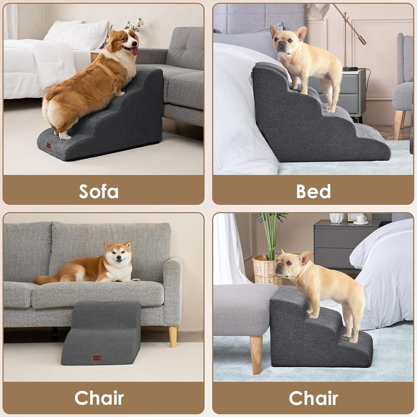 Hundetreppe Für Kleine Hunde 30 Cm Hoch, Haustiertreppe Für Sofa Bett, Treppe Für Hunde Aus Hochdichtem Schwamm, Hunderampe Mit Waschbarem Bezug Und Rutschfestem Boden, 2 Stufen, Grau