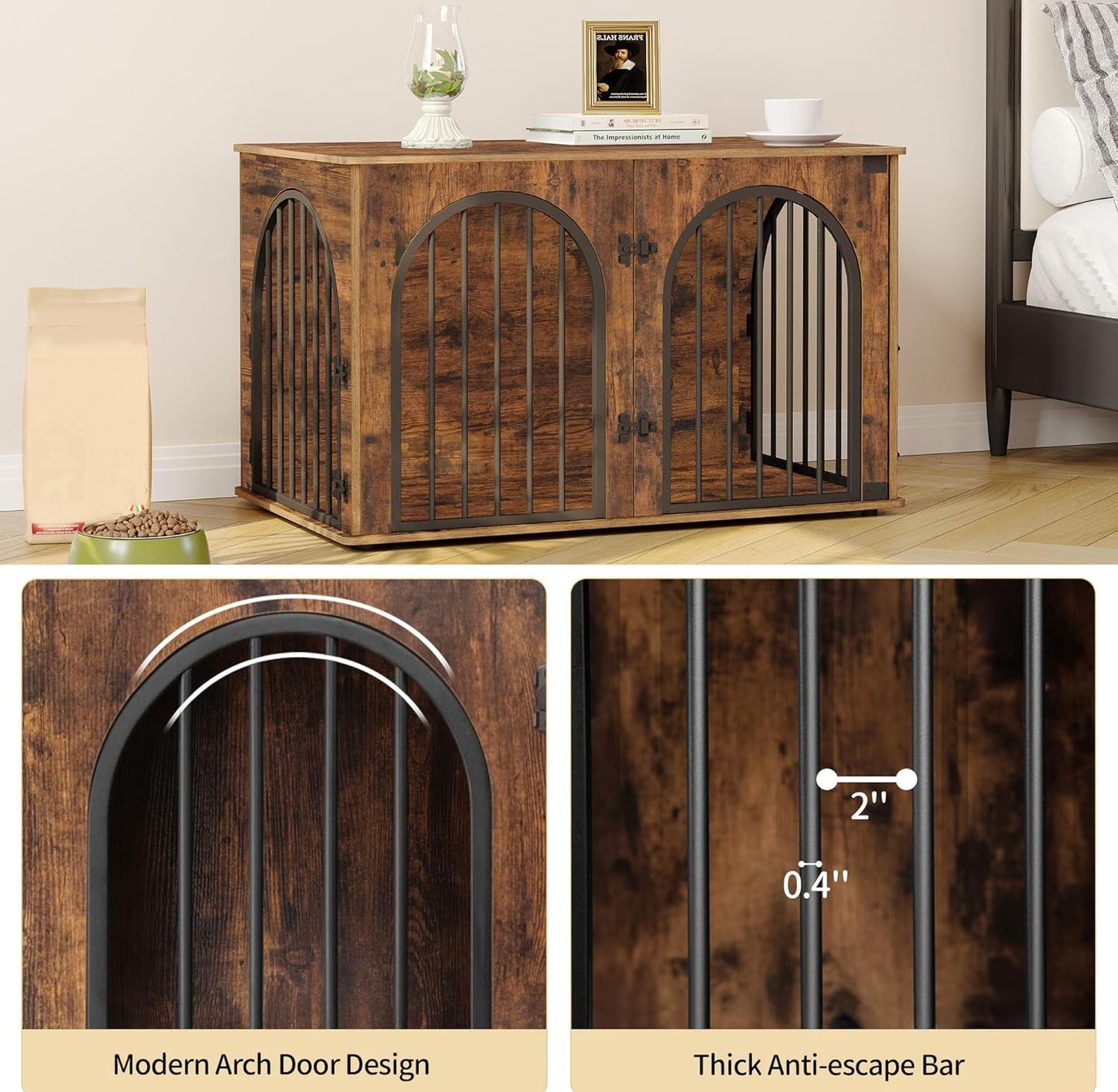 Hzuaneri Hundekäfig Möbel, 100Cm Hundebox Für Zuhause, 3 Türen, Bogentür, Moderne Hundebox Indoor Für Hunde, Beistelltisch, Hundekäfig Hochbelastbar, 100 X 60 X 63 Cm, Vintagebraun DFC84101B