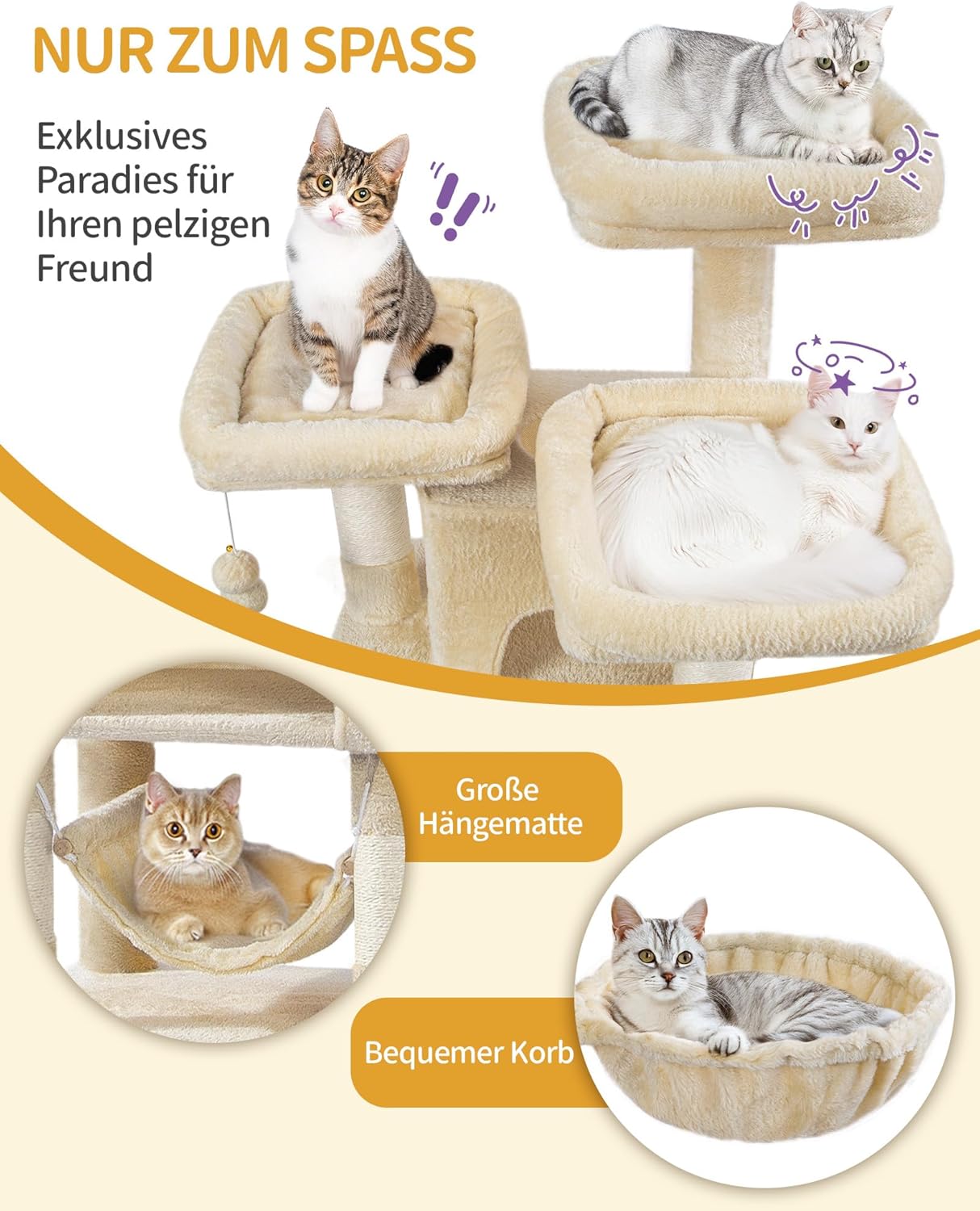Hzuaneri Kratzbaum, 176Cm Katzenbaum, XL, 3 Plattformen, 2 Höhlen, 7 Kratzsäulen, Hängematte, Plüschbälle, Katzenkratzbaum Für Mehrkatzenhaushalte, Beige MS17618YL