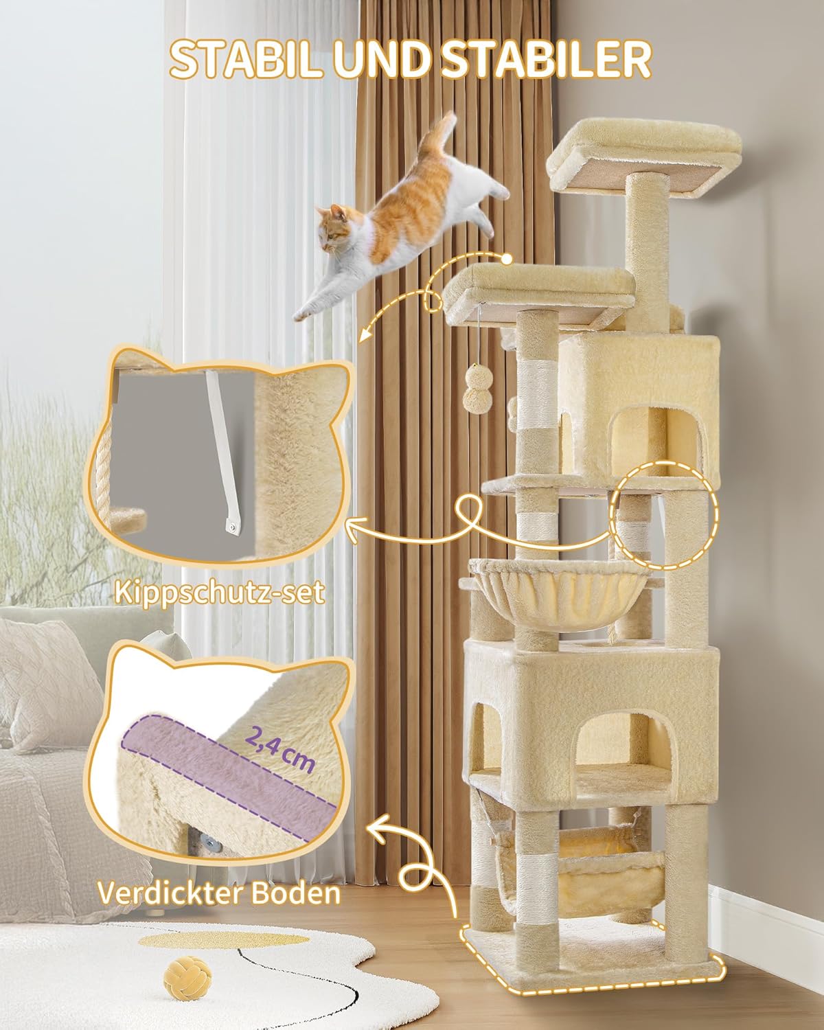Hzuaneri Kratzbaum, 176Cm Katzenbaum, XL, 3 Plattformen, 2 Höhlen, 7 Kratzsäulen, Hängematte, Plüschbälle, Katzenkratzbaum Für Mehrkatzenhaushalte, Beige MS17618YL