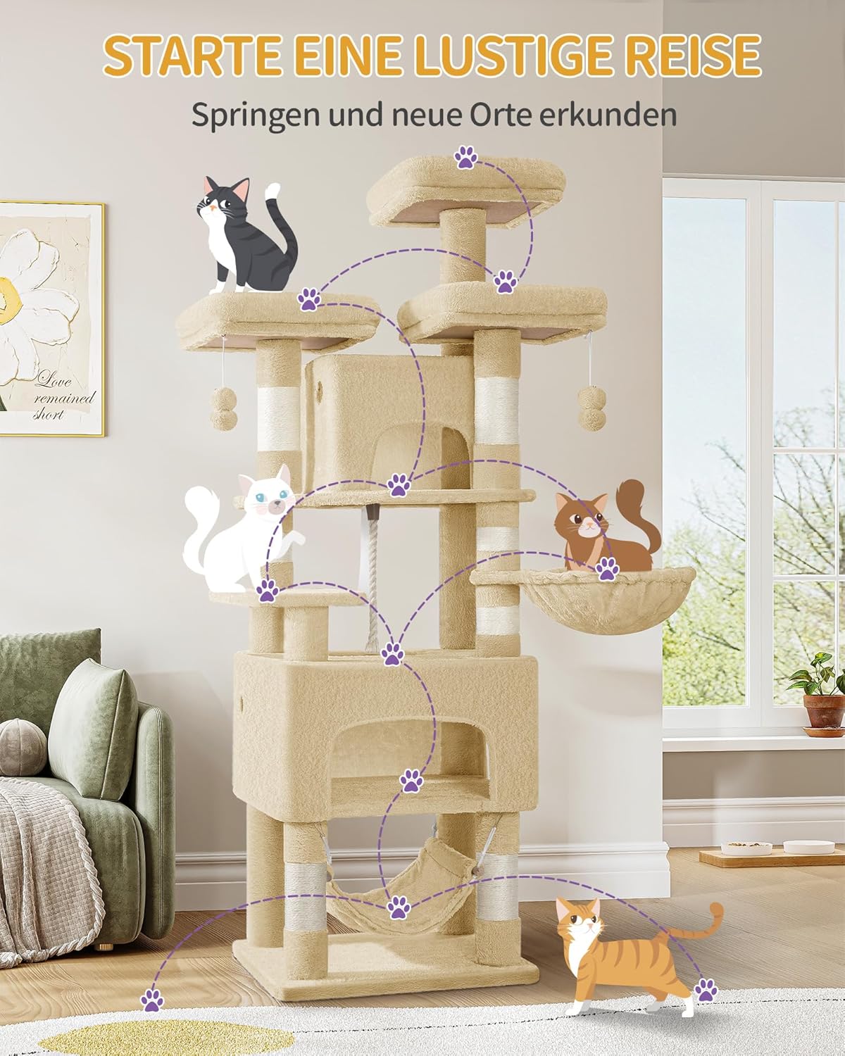 Hzuaneri Kratzbaum, 176Cm Katzenbaum, XL, 3 Plattformen, 2 Höhlen, 7 Kratzsäulen, Hängematte, Plüschbälle, Katzenkratzbaum Für Mehrkatzenhaushalte, Beige MS17618YL