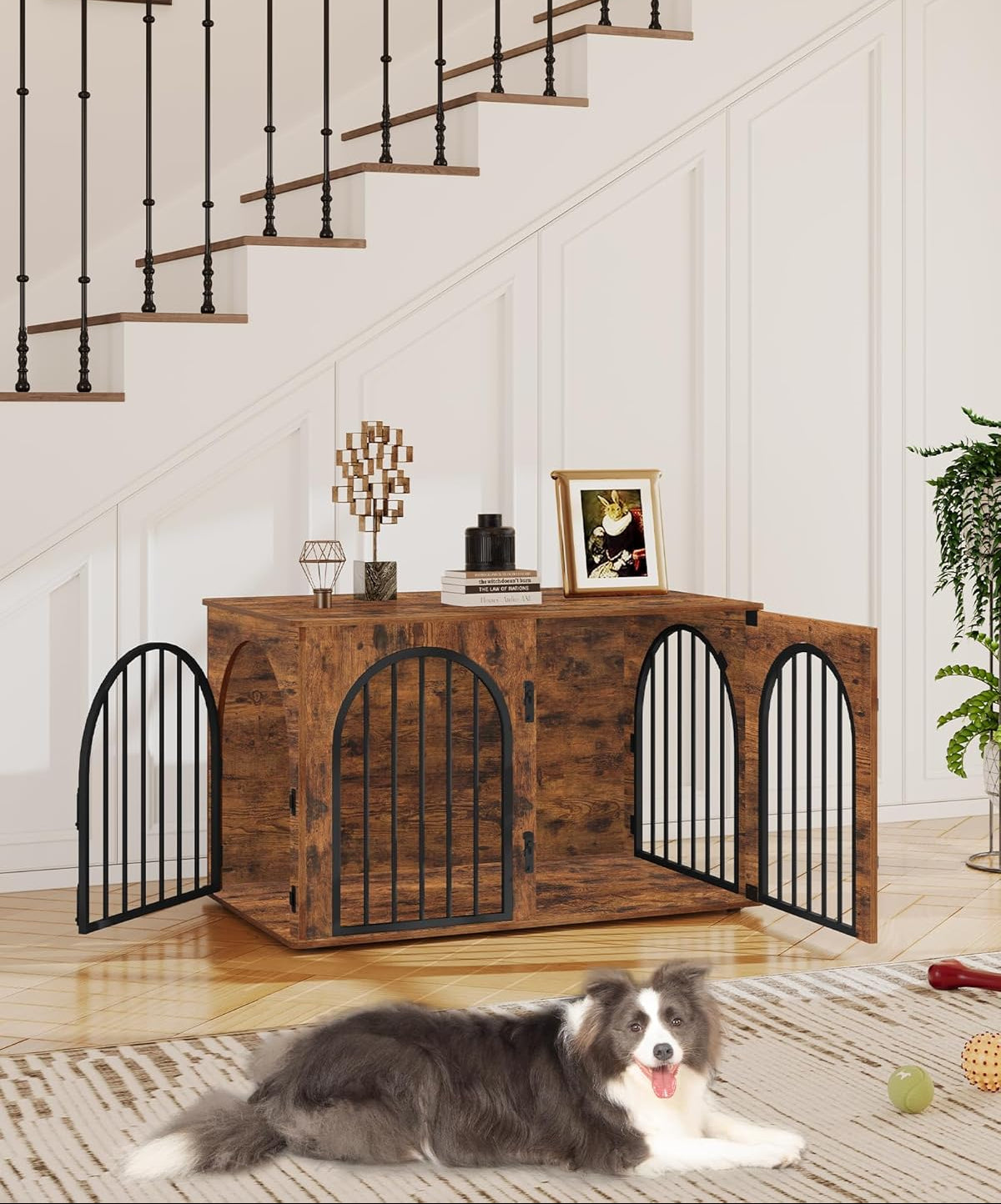 Hzuaneri Hundekäfig Möbel, 100Cm Hundebox Für Zuhause, 3 Türen, Bogentür, Moderne Hundebox Indoor Für Hunde, Beistelltisch, Hundekäfig Hochbelastbar, 100 X 60 X 63 Cm, Vintagebraun DFC84101B
