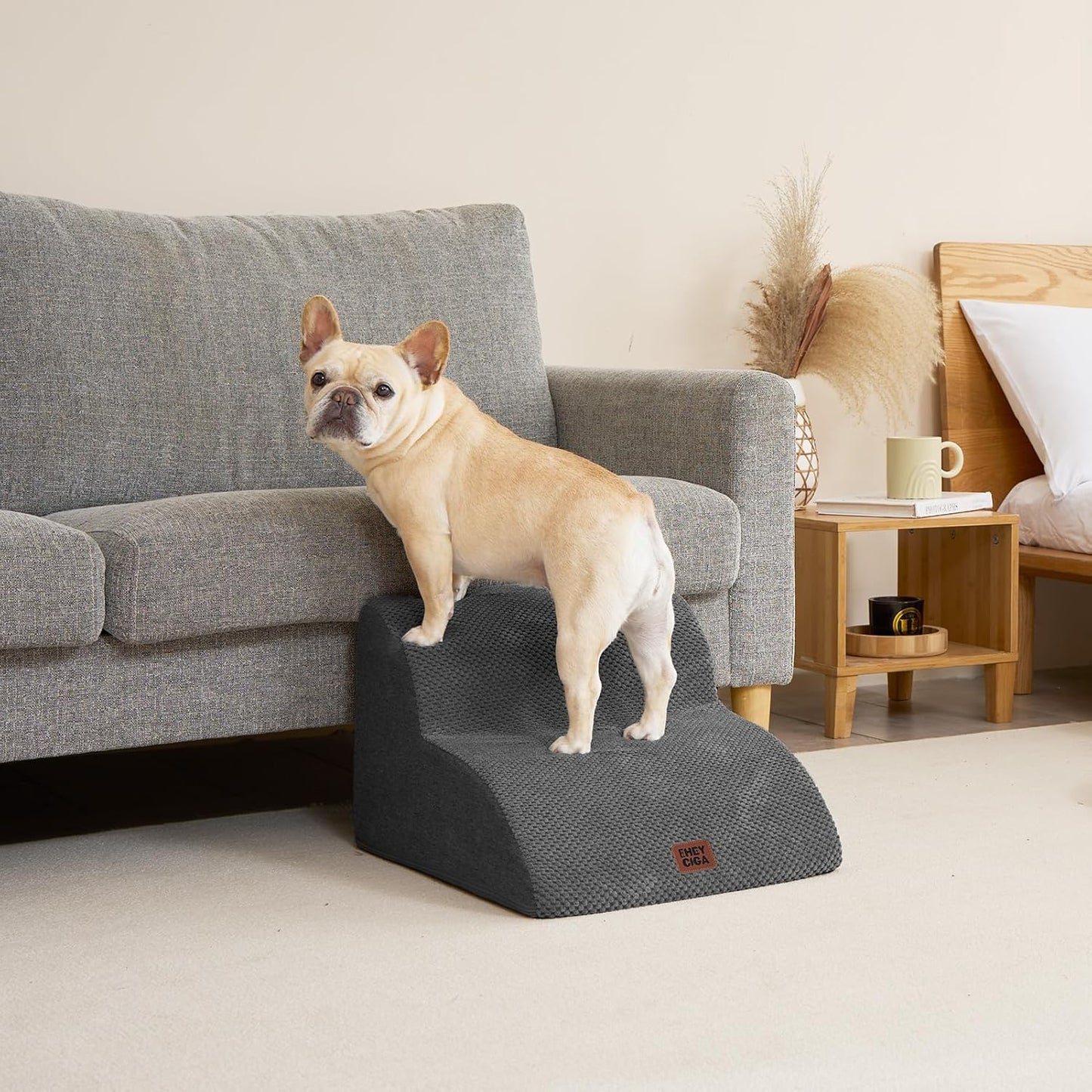 Hundetreppe Für Kleine Hunde 30 Cm Hoch, Haustiertreppe Für Sofa Bett, Treppe Für Hunde Aus Hochdichtem Schwamm, Hunderampe Mit Waschbarem Bezug Und Rutschfestem Boden, 2 Stufen, Grau
