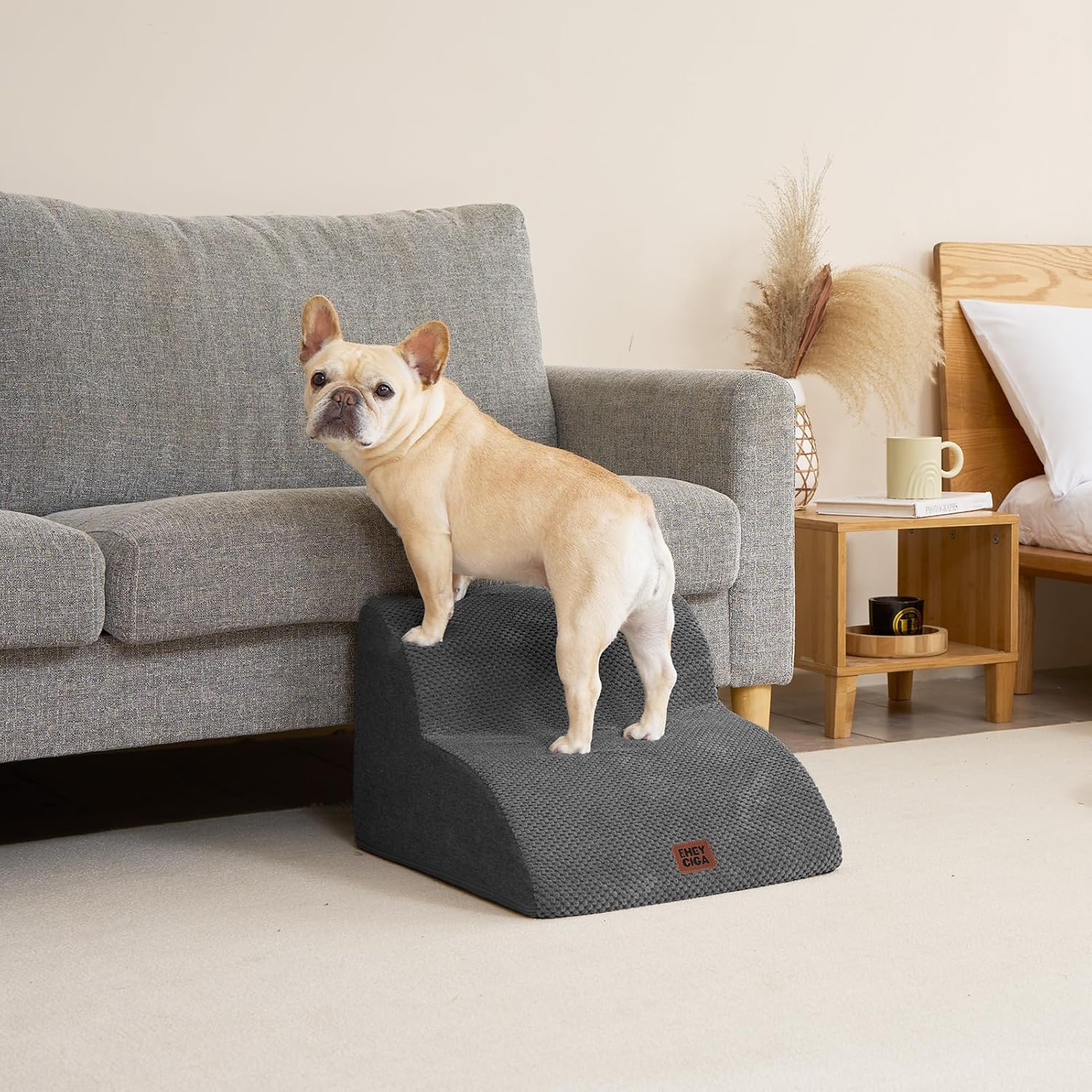 Hundetreppe Für Kleine Hunde 30 Cm Hoch, Haustiertreppe Für Sofa Bett, Treppe Für Hunde Aus Hochdichtem Schwamm, Hunderampe Mit Waschbarem Bezug Und Rutschfestem Boden, 2 Stufen, Grau